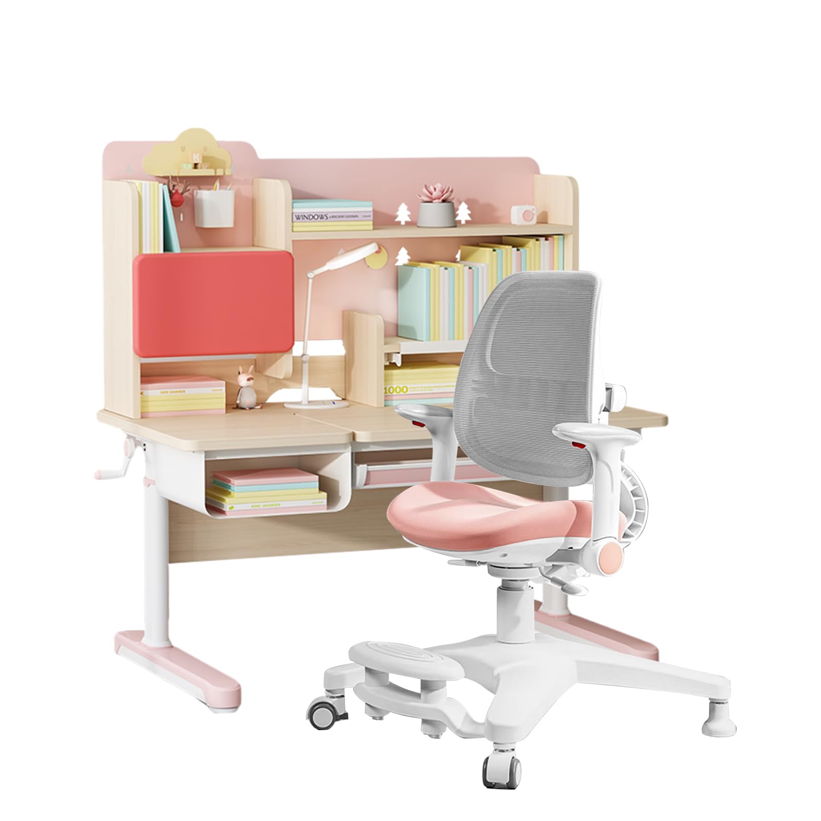 FCD Adjustable Kids Study Desk and Chair Set with Bookshelf, Tiltable Desktop & Storage - Ergonomic Wooden Children's Learning Table for Homework, Drawing & Reading - Perfect for Bedroom, Nursery & Homeschooling (Pink)