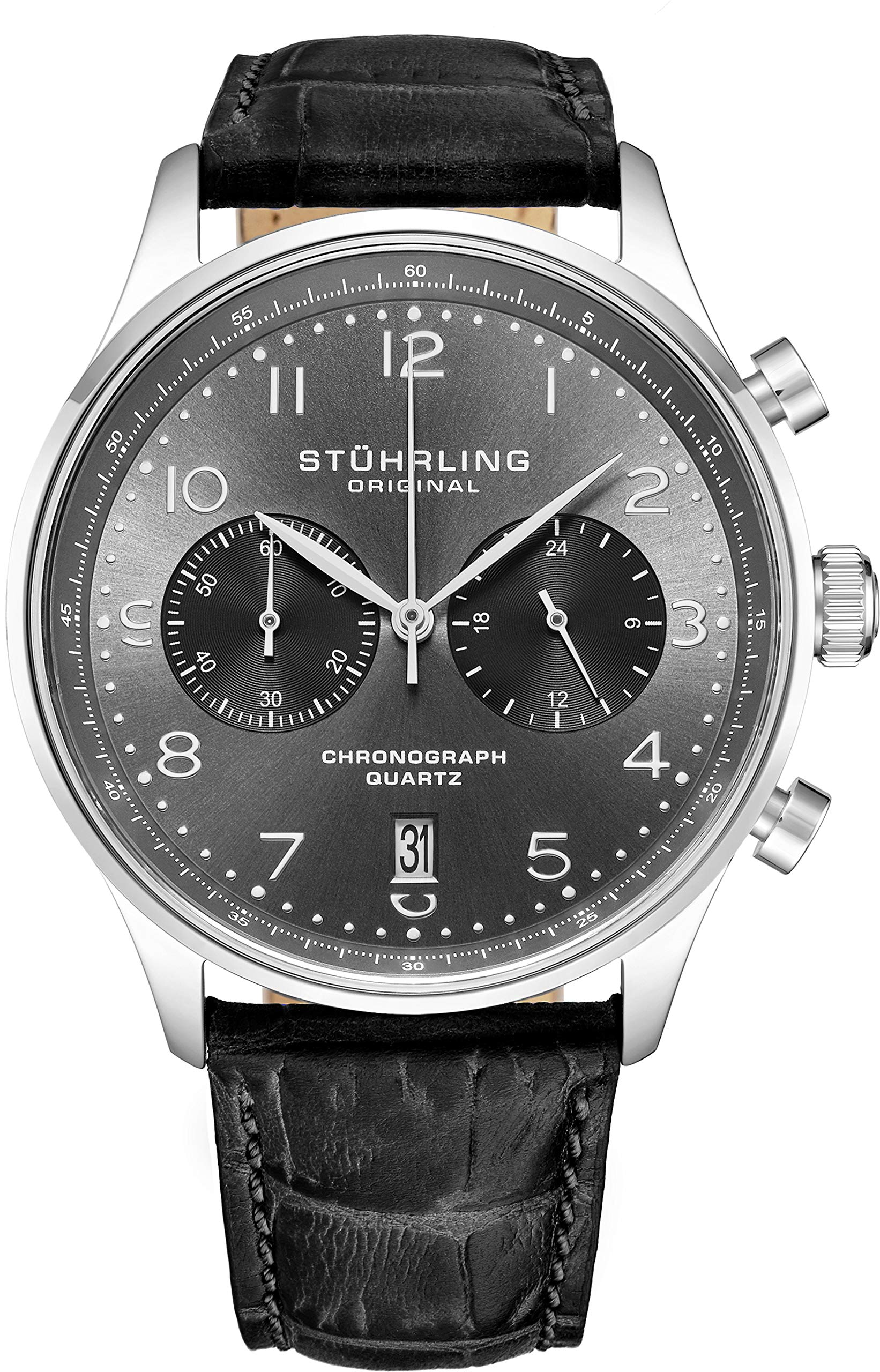 Stuhrling Original Men's Quartz Chronograph Dress Watch - Stainless Steel Case & Genuine Leather Band - Analog Date Display - GR1-Q Collection - Perfect for Business, Formal Events & Everyday Wear
