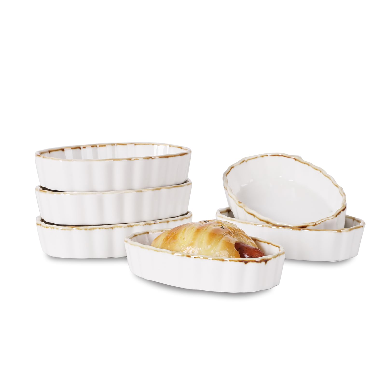 ONTUBE 4 oz Porcelain Ramekins Set of 6 - Oven Safe Oval Baking Dishes for Creme Brulee, Souffle, Pudding, Dipping Sauces | Perfect for Desserts, Appetizers & Home Kitchen Use (Brown/White)