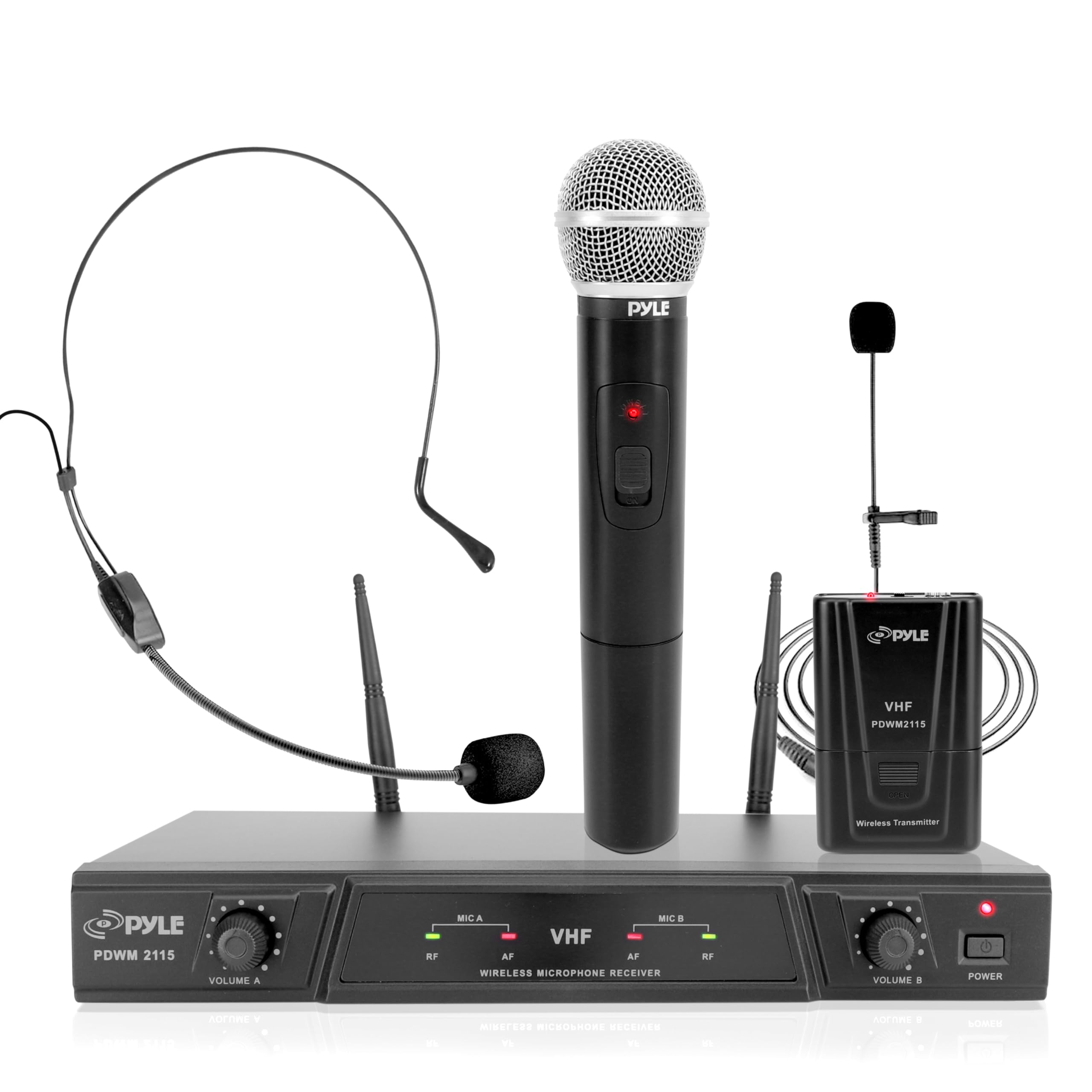Pyle Pro PDWM2115 Dual Channel Wireless Microphone System - Portable VHF Audio Mic Set with Lavalier, Handheld & Headset Mics, Transmitter, ¼’’ Cable & Power Adapter - Ideal for Karaoke, DJ Performances, Public Speaking & Live Events