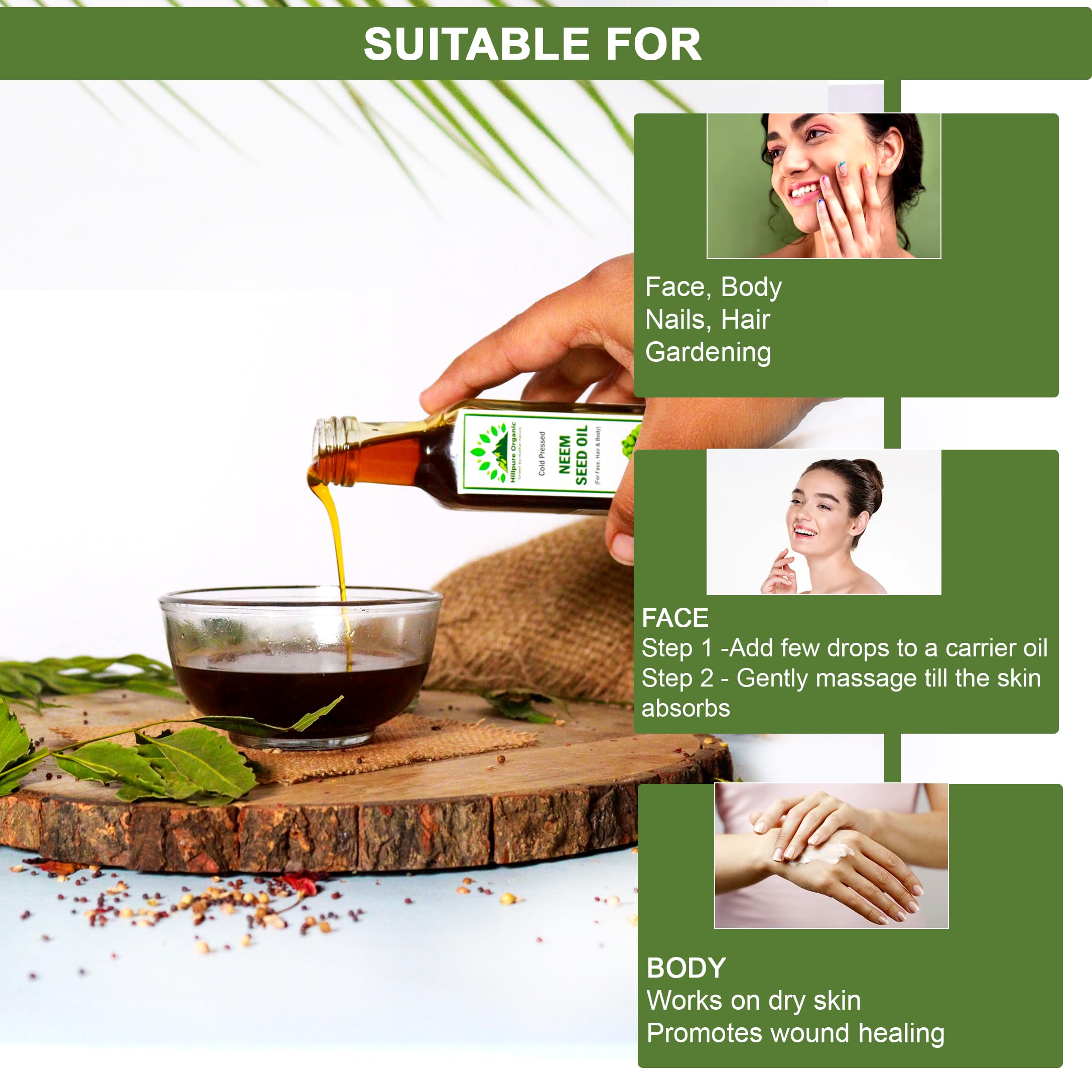 Organic Cold Pressed Neem Seed Oil 100% Pure Natural for Face Hair & Body - Premium Skin Care & Hair Treatment - Glass Bottle 65ml - Ideal for Acne Treatment, Scalp Care & Moisturizing