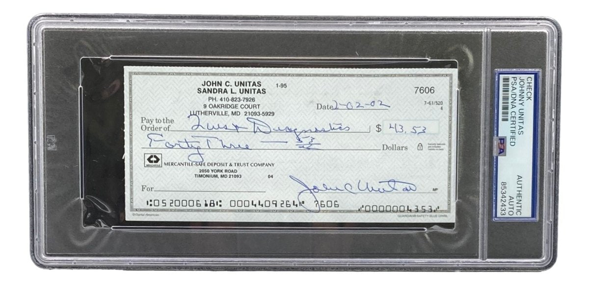Johnny Unitas Baltimore Colts Autographed Bank Check #7606 PSA Certified - Rare NFL Memorabilia for Collectors & Sports Fans