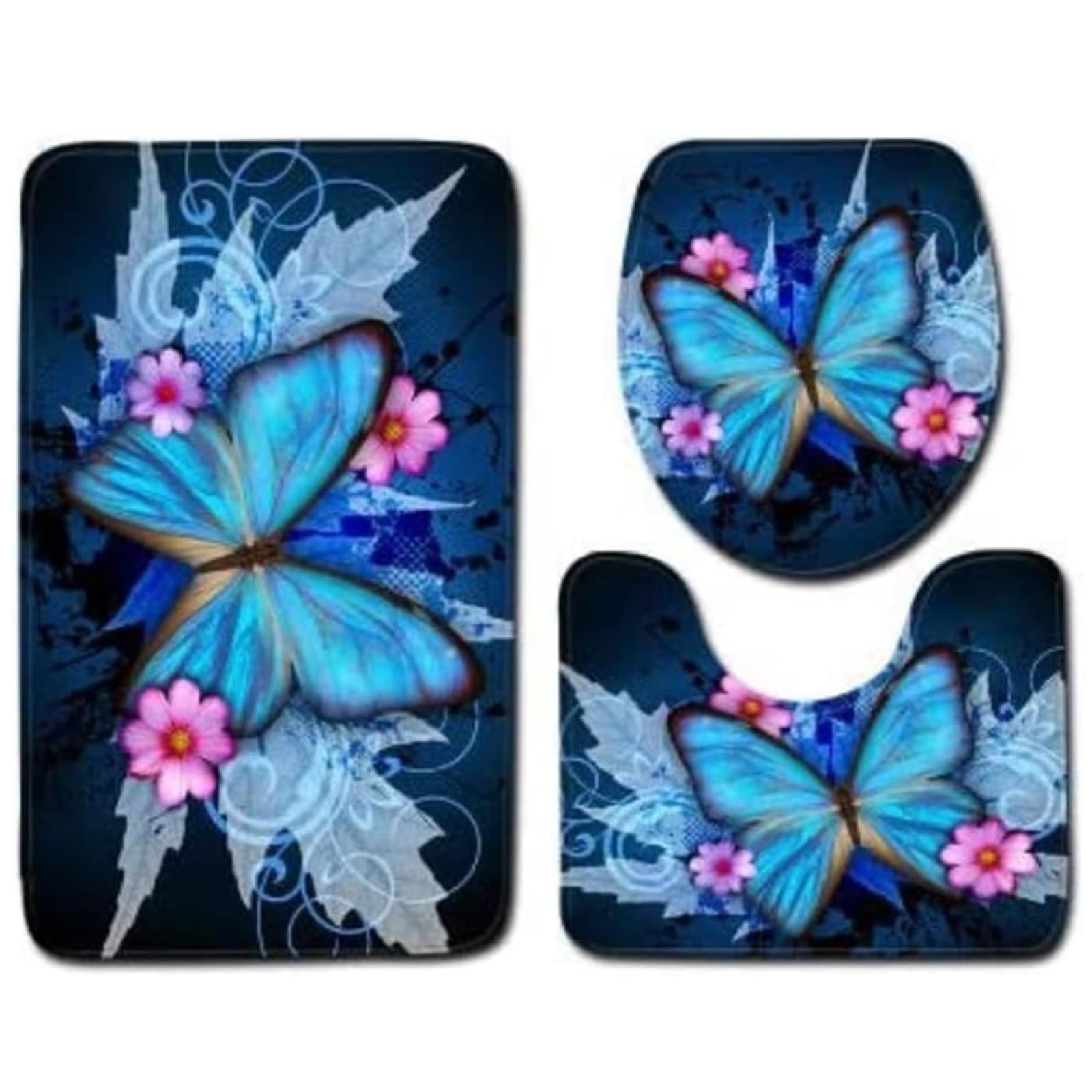 Butterfly Non-Slip Bath Mat Set - 3 Piece Water Absorbent Bathroom Rug with Anti-Slip Backing, Soft Toilet Floor Mat & Door Mat for Bathroom Safety - Perfect for Kids, Elderly & Wet Areas