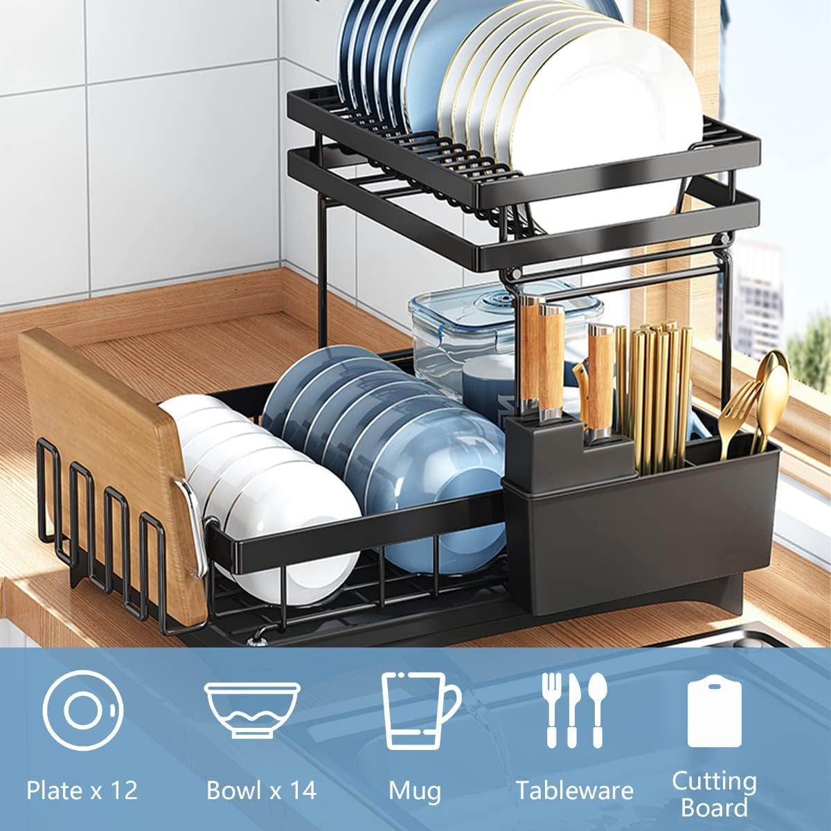 Premium 2-Tier Carbon Steel Dish Drying Rack with Drainboard | Detachable Dish Drainer & Organizer Shelf | Space Saving Kitchen Storage for Dishes, Utensils, Knives, Spoons & Forks | Ideal for Small Kitchens, Apartments & Countertop Organization