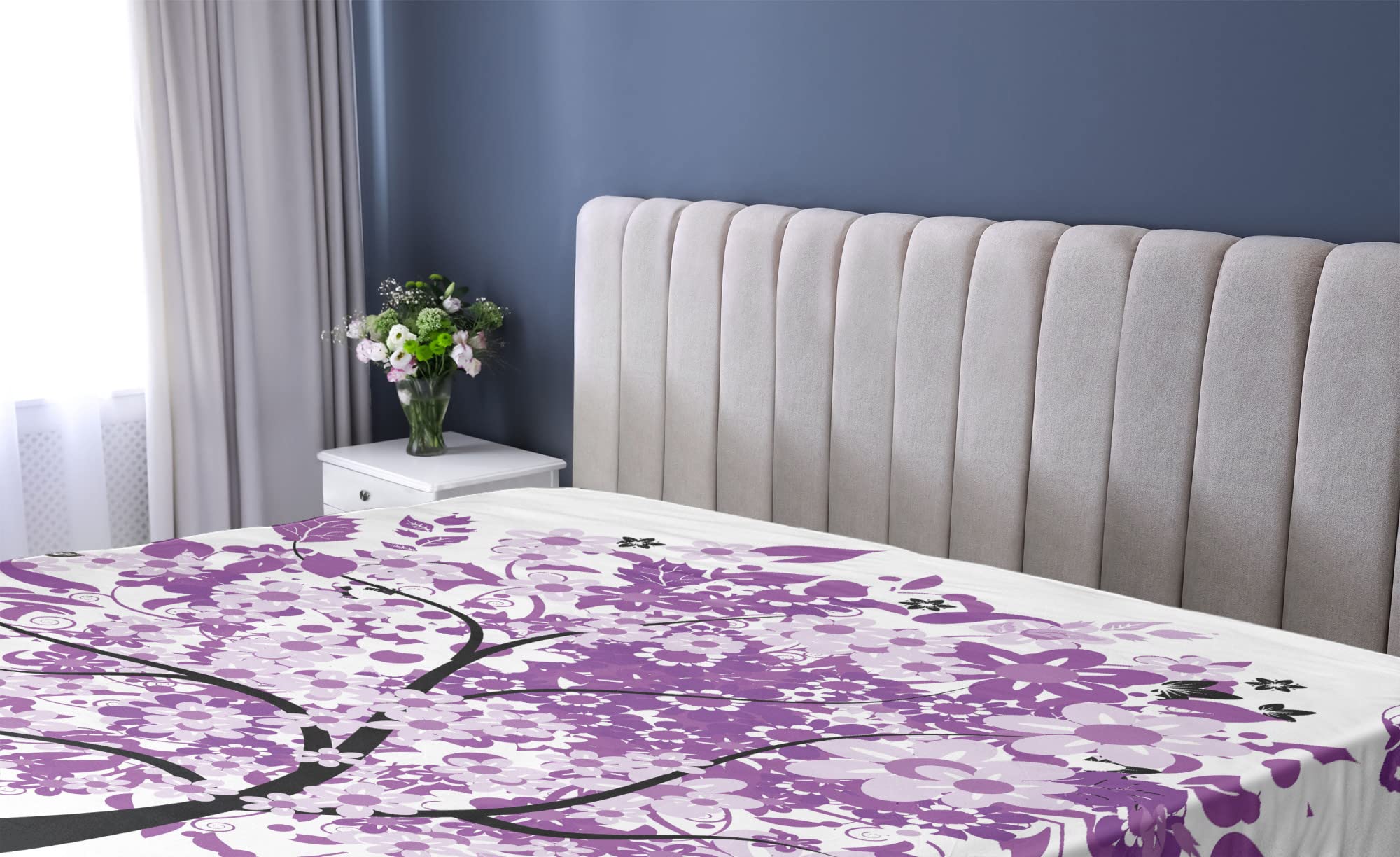 Ambesonne Queen Size Fitted Sheet - Spring Tree of Life Design with Blooming Flowers & Butterflies, Deep Pocket All-Around Elastic, Lilac Purple - Perfect for Master Bedroom, Guest Room & Vacation Homes