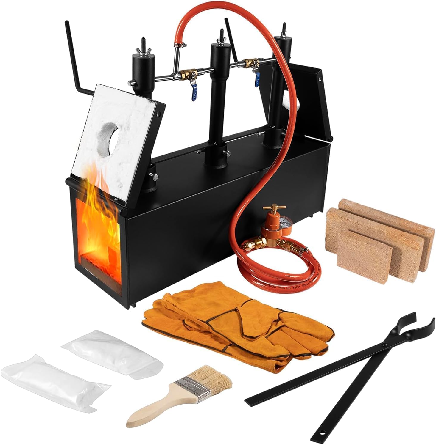 High-Temperature 2700℉ Propane Forge with 3 Burners - Large Square Blacksmith Gas Forge Kit with V-Bit Tongs & Leather Gloves - Perfect for Farrier Work, Knife Making, and Metal Tool Crafting - Ideal for DIY Blacksmithing, Jewelry Making, and Metalworking Projects