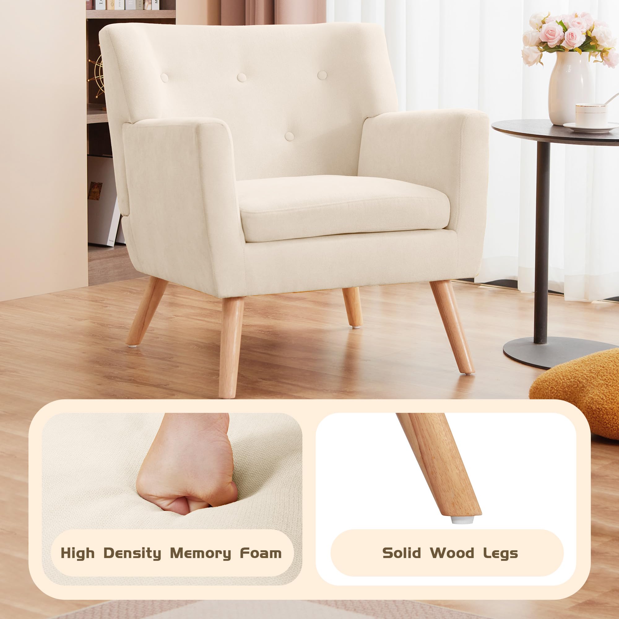 Prilinex Mid-Century Modern Accent Chair - Button Tufted Upholstered Armchair with Cushion, Comfortable Fabric Living Room & Bedroom Chair in Beige | Perfect for Reading Nooks, Lounge Areas & Waiting Rooms