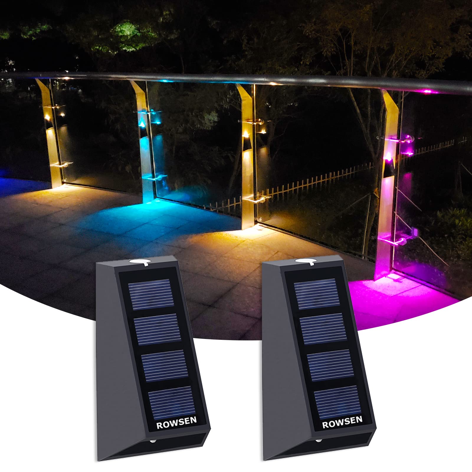 Solar Powered Outdoor Wall Lights - Waterproof LED Fence & Stair Lighting with 7 Color Changing Modes for Garden, Patio, Pathway (2 Pack) | Perfect for Backyard, Garage & Landscape Illumination