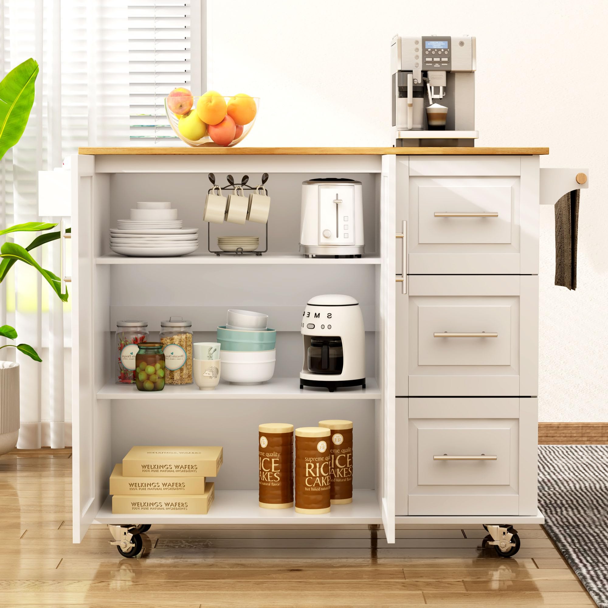Soges Mobile Kitchen Island with Storage & Drop Leaf - Rolling Kitchen Cart with 3 Drawers, Large Cabinets & Adjustable Shelves - White - Perfect for Small Kitchens, Apartments & Food Prep Stations