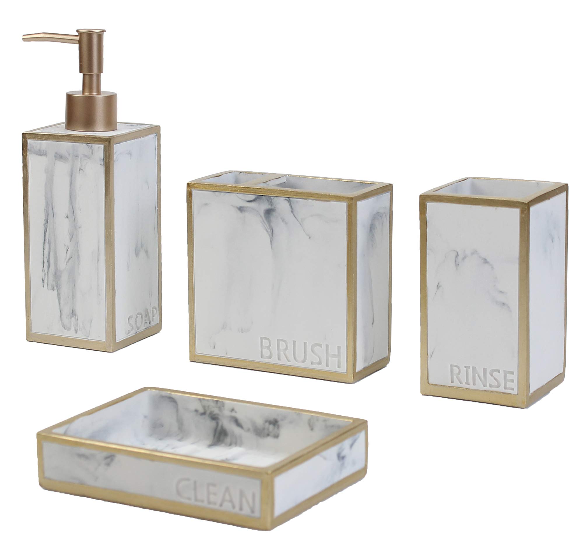 Hymmah 4-Piece Bathroom Accessories Set - Farmhouse Style Toothbrush Holder, Soap Dispenser, Soap Dish & Tumbler | Resin Bath Decor Gift Set for Apartment Essentials | Perfect for Guest Bathrooms, Rustic Home Decor & Housewarming Gifts
