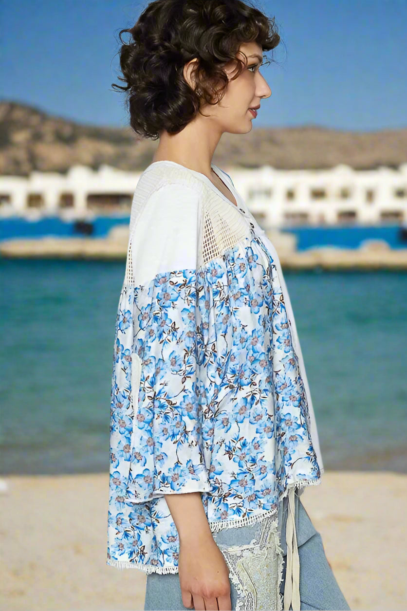 Boho Floral Print Crochet Detail Top - Loose Fit Beach Shirt for Women | Summer Vacation, Music Festival & Casual Outfit