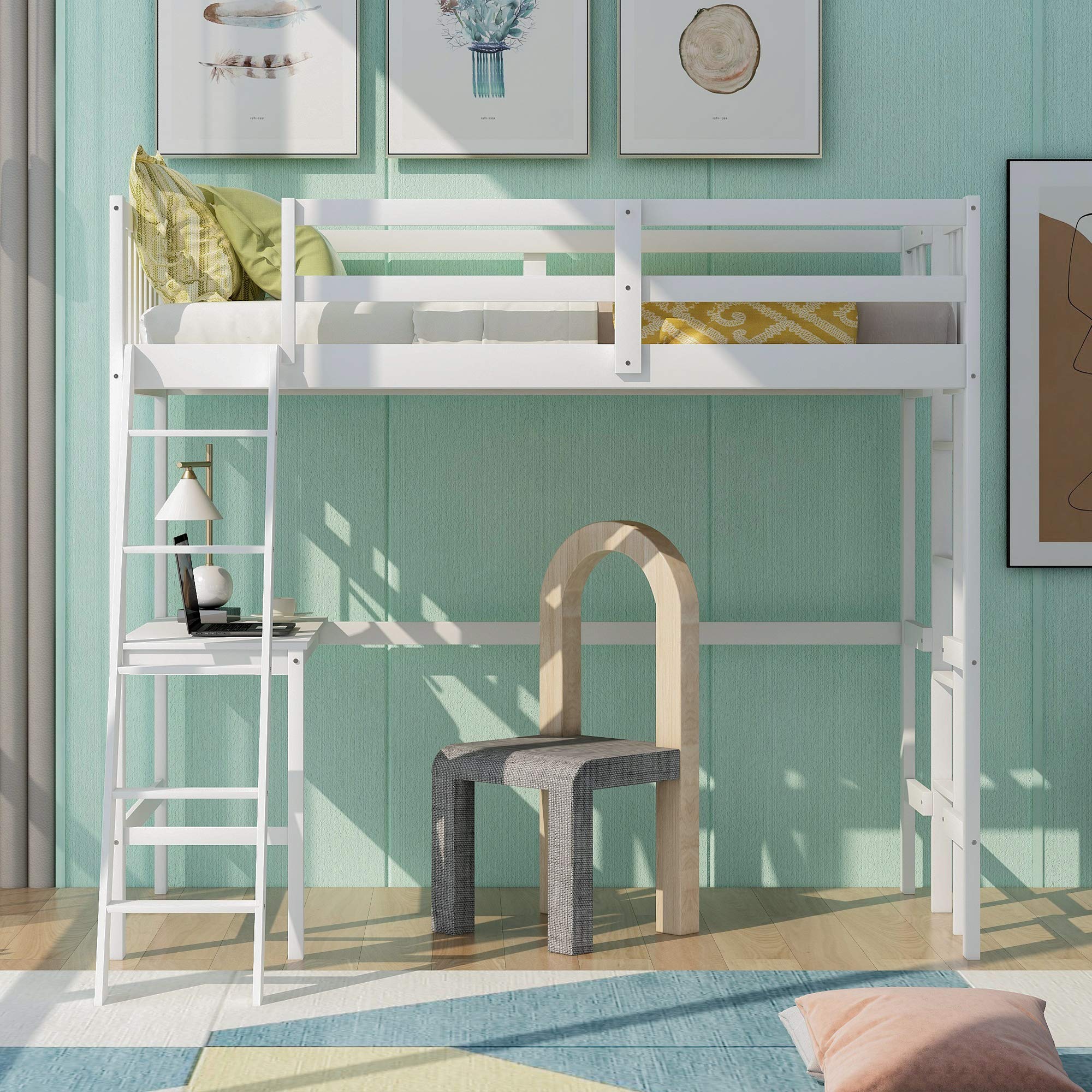 Solid Wood Twin Loft Bed with Desk & 2 Ladders - Space Saving Kids/Teens/Adults Loft Bed Frame - No Box Spring Needed (White) - Perfect for Small Bedrooms, Dorms & Studio Apartments