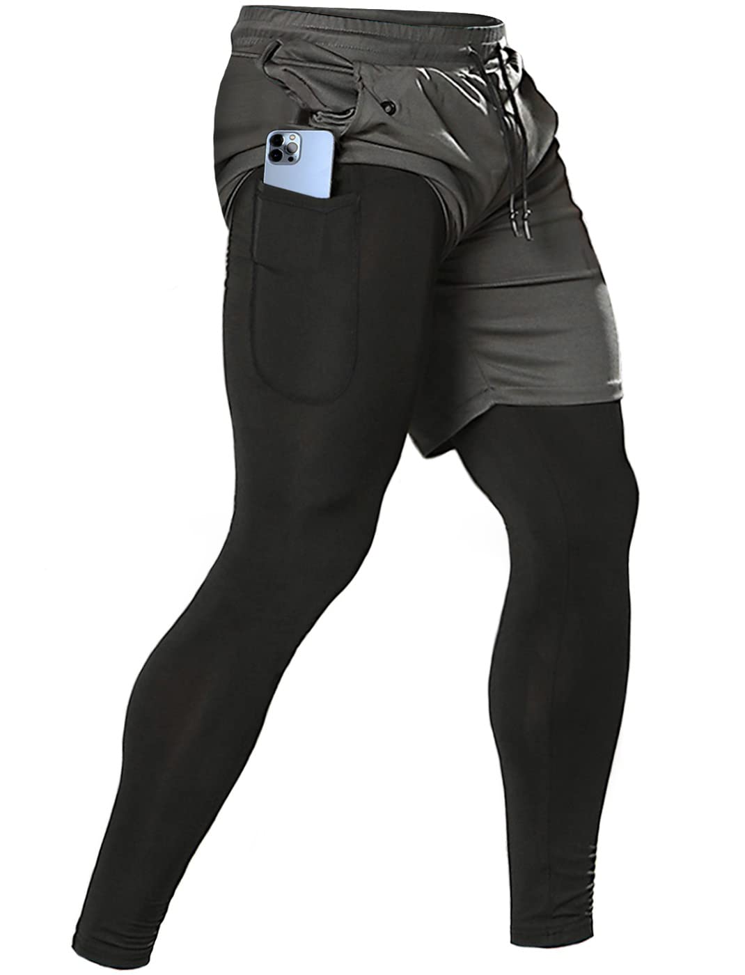 Aolesy Men's 2 in 1 Running Pants - Gym Workout Compression Pants for Men, Athletic Training Pants with Breathable Fabric - Perfect for Jogging, Fitness & Outdoor Sports