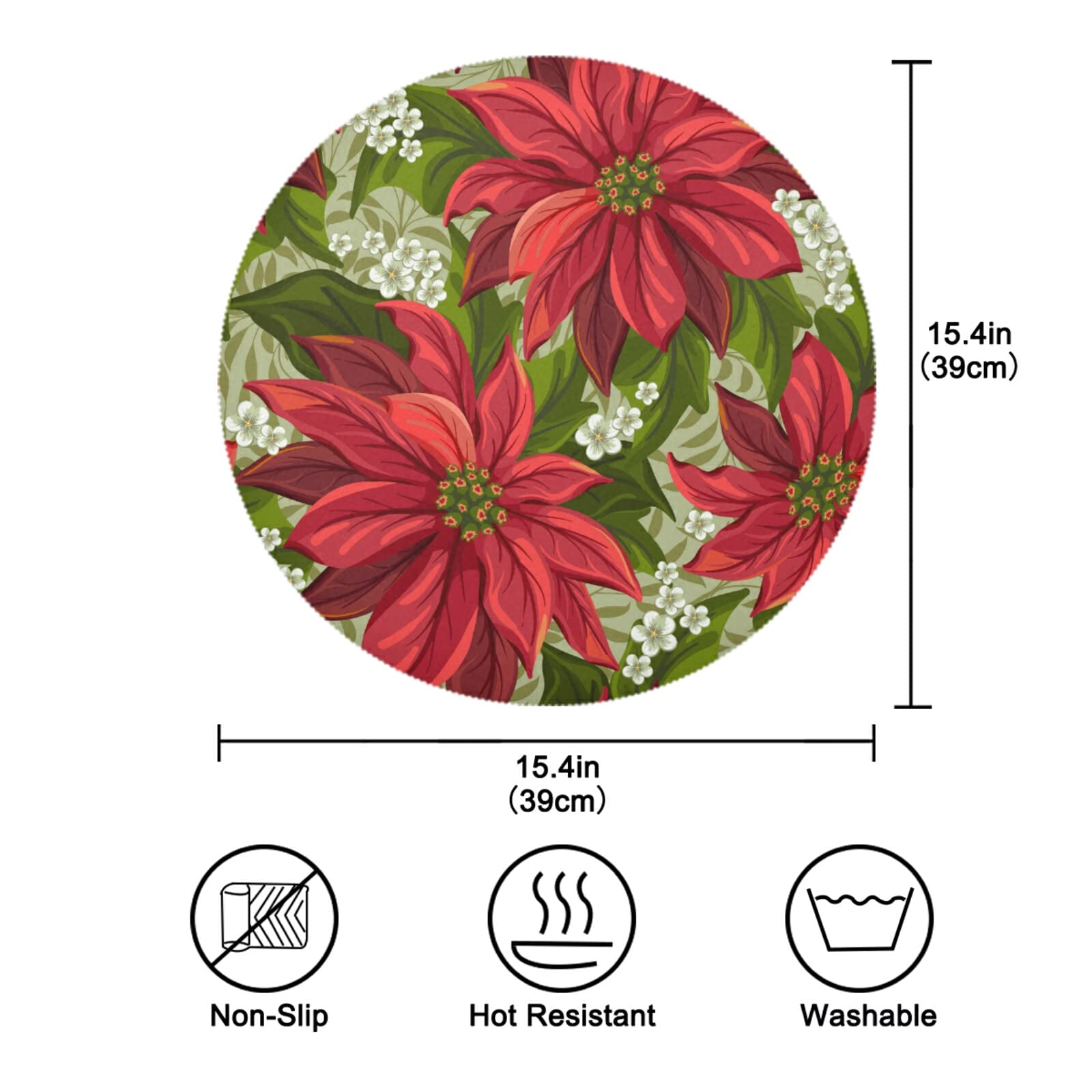 Christmas Poinsettia Floral Round Placemats Set of 6 - Washable & Heat Resistant Table Mats for Dining, Kitchen, Party - Perfect for Holiday Home Decor, Indoor & Outdoor Use