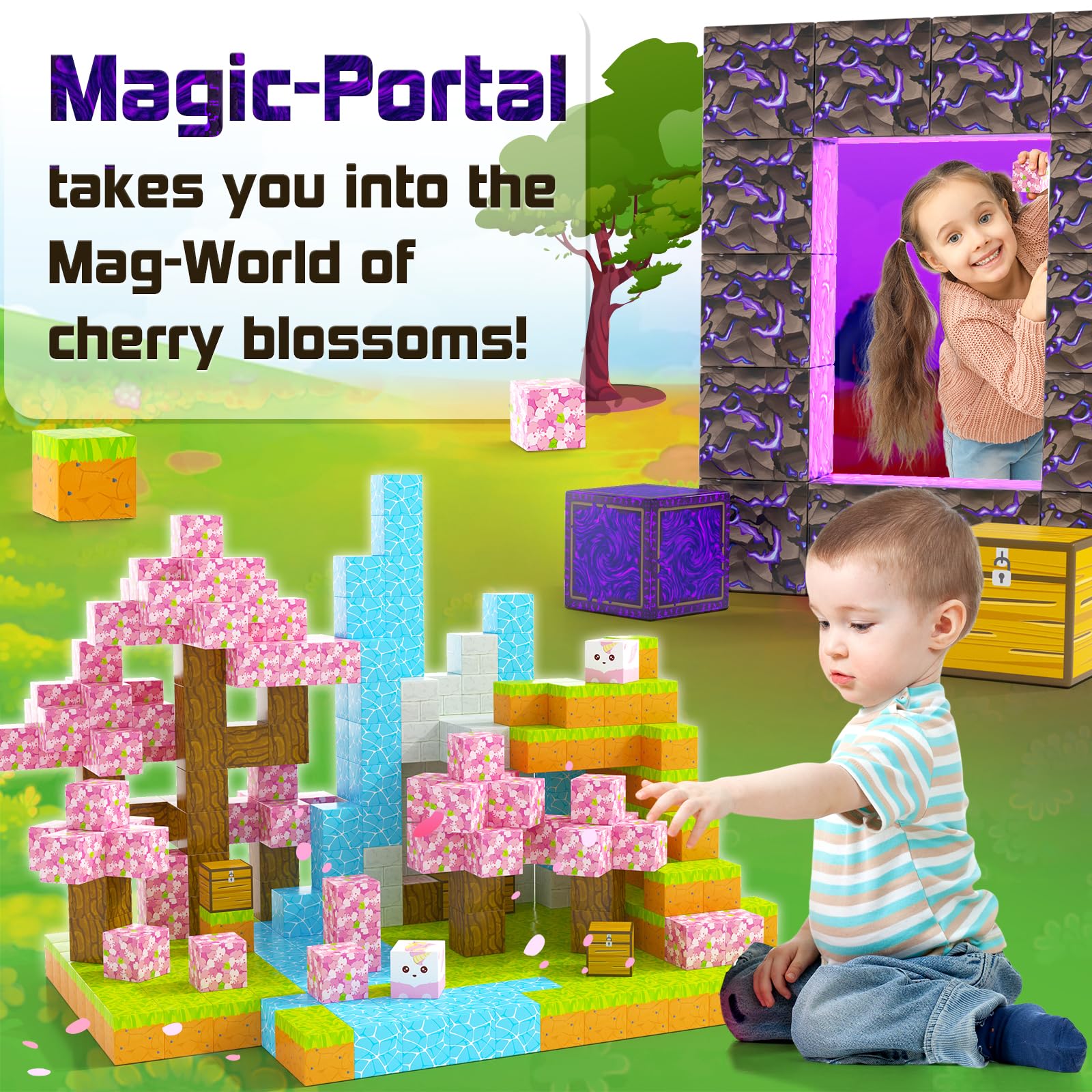 **Magnetic Building Blocks for Kids - STEM Educational Toys for Boys & Girls Ages 3+, Cherry Blossom Themed Magnetic Tiles Set for Creative Construction Play | Perfect for Preschool Learning & Indoor Activities**