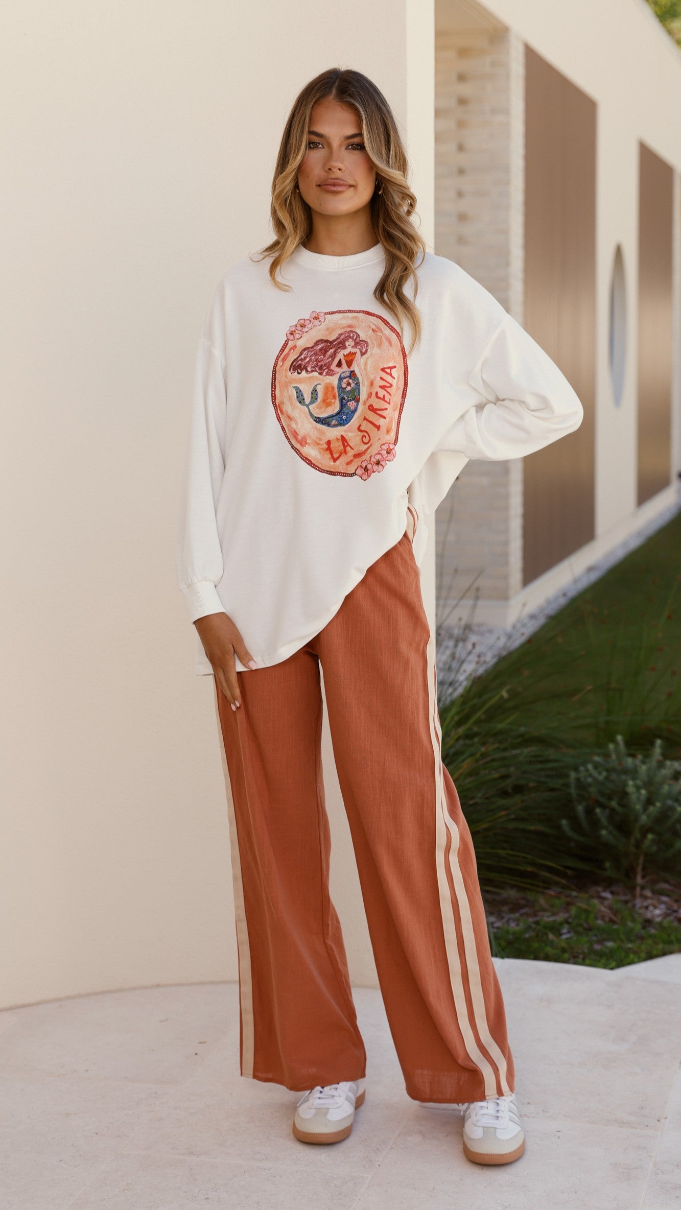 La Sirena Women's Long Sleeve Top and Pants Set - White & Rust - Casual Loungewear for Home, Yoga, and Relaxation