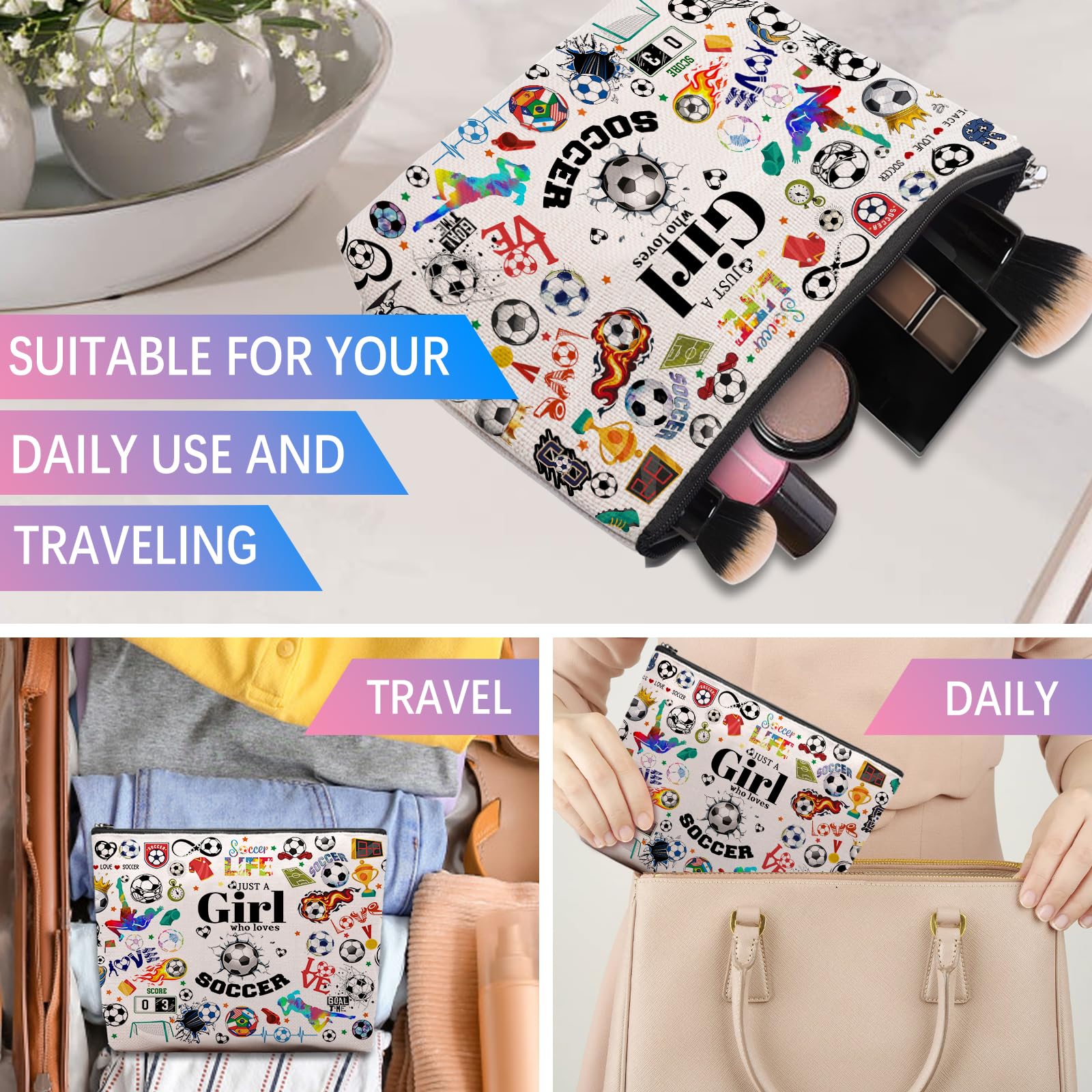 Soccer Themed Makeup Bag for Women - Perfect Gift for Soccer Players, Coaches & Fans - Great for Birthday, Team Gifts & Game Day Essentials (Ideal for Travel, Sports Events & Daily Use)