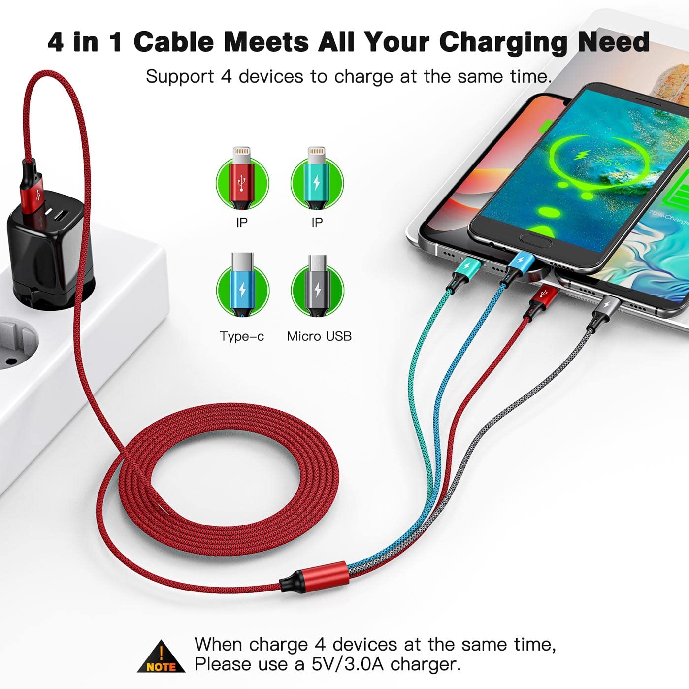 **2-Pack 6Ft 4-in-1 Braided Multi Charging Cable – 3.5A Fast Charging with USB-C/Micro USB/Lightning Ports – Compatible with iPhone, Samsung Galaxy, PS5, Tablets & More – Perfect for Home, Office & Travel**
