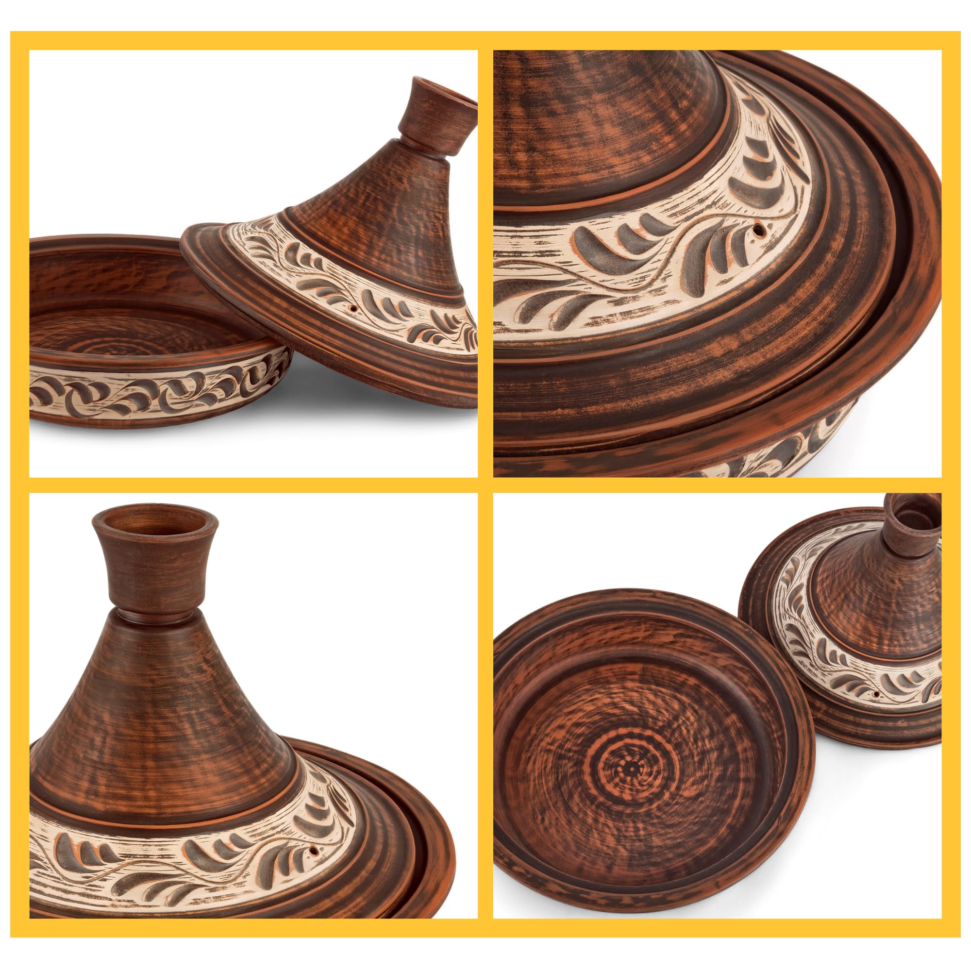 Handmade Red Clay Stoneware Tajine Pot with Engobe Décor & Ceramic Cone Lid – Pre-Seasoned Cast Iron Diffuser for Authentic Caribbean One-Pot Cooking | Perfect for Slow Cooking, Stews & Gift Giving (Red)