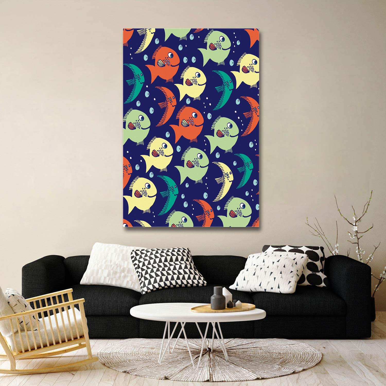 Colorful Cute Fish Canvas Wall Art - 18x12 Inch Cartoon Painting for Bathroom, Living Room & Bedroom Decor - Perfect for Kids' Rooms, Beach House & Nursery Wall Hangings