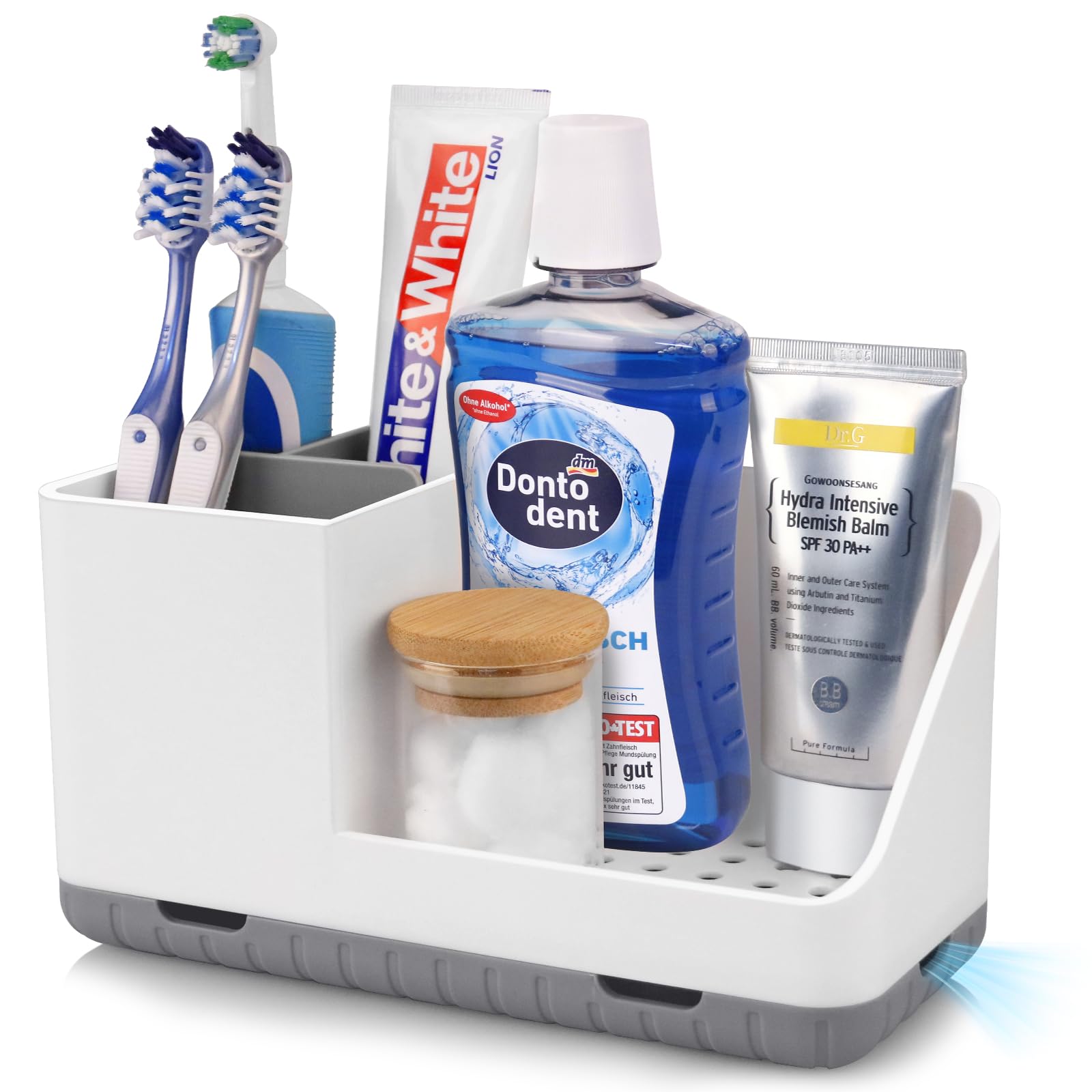 Bathroom Toothbrush Holder with Drainage - Countertop Organizer for Kids Electric Toothbrush & Toothpaste Storage - Grey Sink Organizer for Bathroom Counter, Shower, or Dorm Room