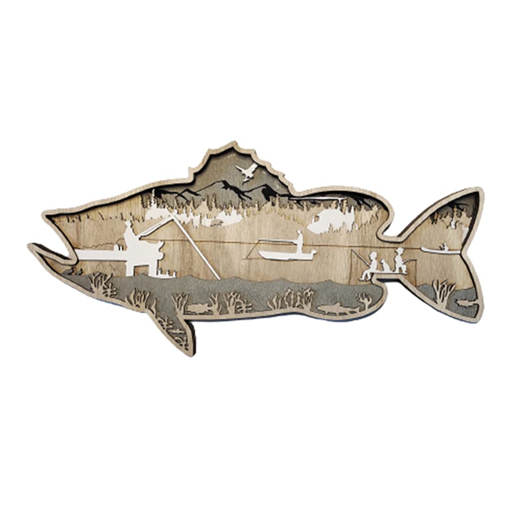 Hand Carved Wooden Wall Sculpture - Fishing & Hunting Forest Cabin Decor - Rustic Home Art for Living Room, Bedroom, or Cabin - Salmon Design