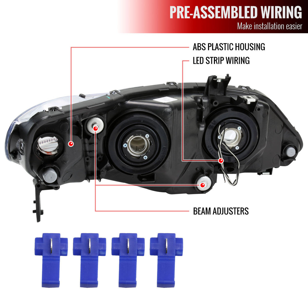 Black Euro Style Headlight Housing Kit with LED Strip for 2006-2011 Honda Civic Sedan 4dr - Upgrade Your Night Driving & Style