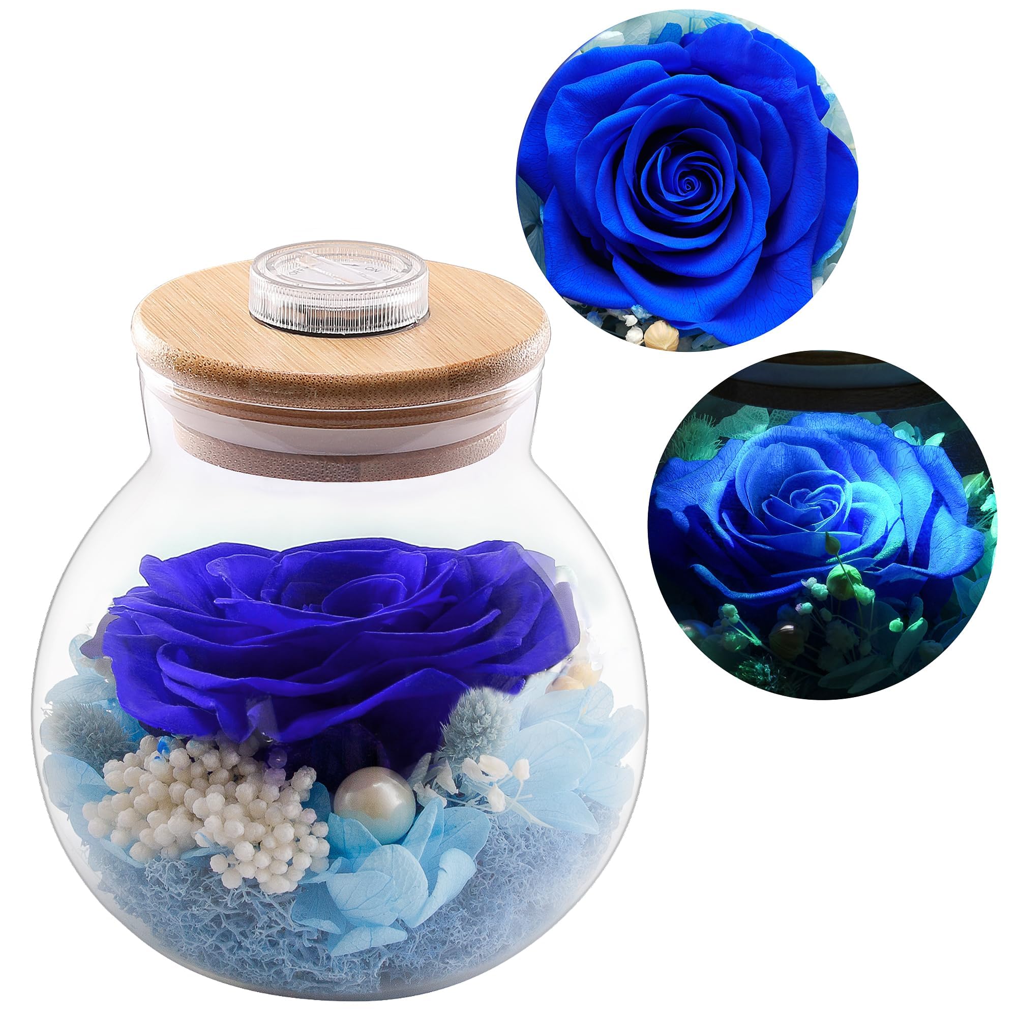 Blue Preserved Rose in Glass Dome - Eternal Flower Gift for Mother's Day, Birthday, Valentine's, Anniversary - Romantic Light-Up Rose with Wishing Bottle for Mom, Wife, Grandma - Perfect Home Decor & Keepsake Gift