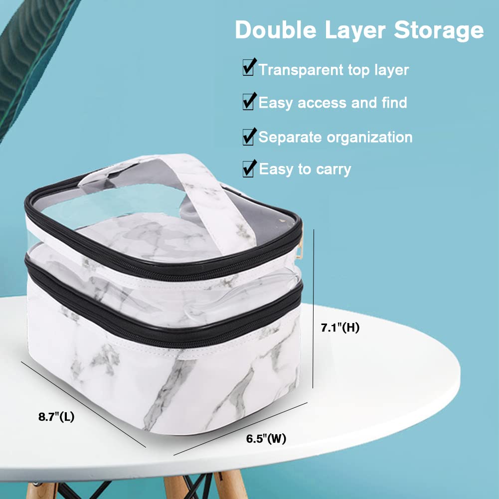 FITINI Double Layer Travel Makeup Bag - Water-Resistant Cosmetic Organizer & Toiletry Case for Women with Makeup Brush Holder, White Marble Design - Perfect for Travel, Gym, and Daily Beauty Storage