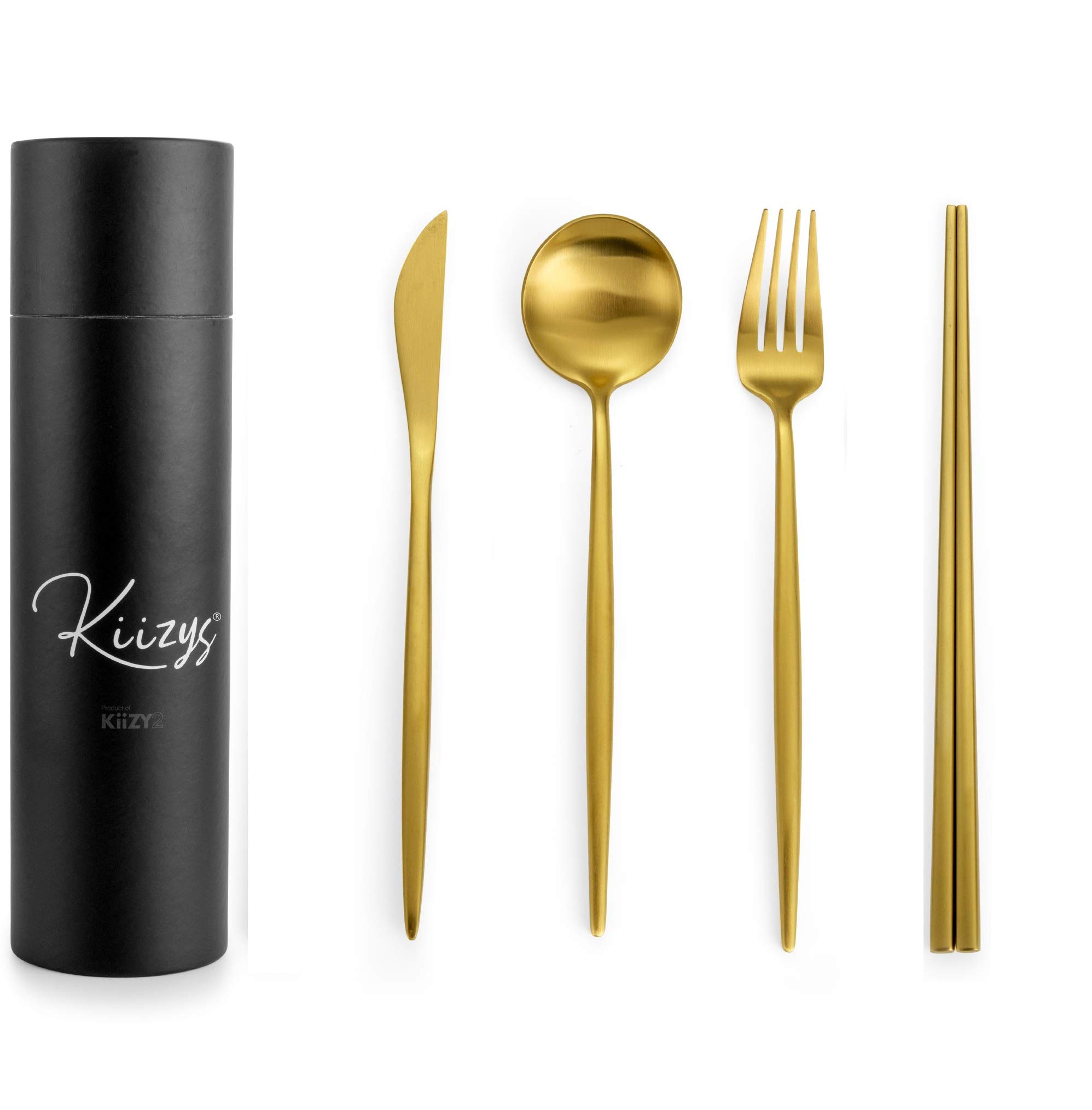 Premium Matte Gold Silverware Set - KiiZYs 8-Piece Korean Stainless Steel Utensils with Chopsticks & Spoon - Elegant Long Handle Serving Cutlery Set - Durable Kitchen Flatware for Asian Dining & Dinner Parties (Gold, 2 Sets) - Perfect for Home Restaurants, Wedding Gifts & Luxury Table Settings