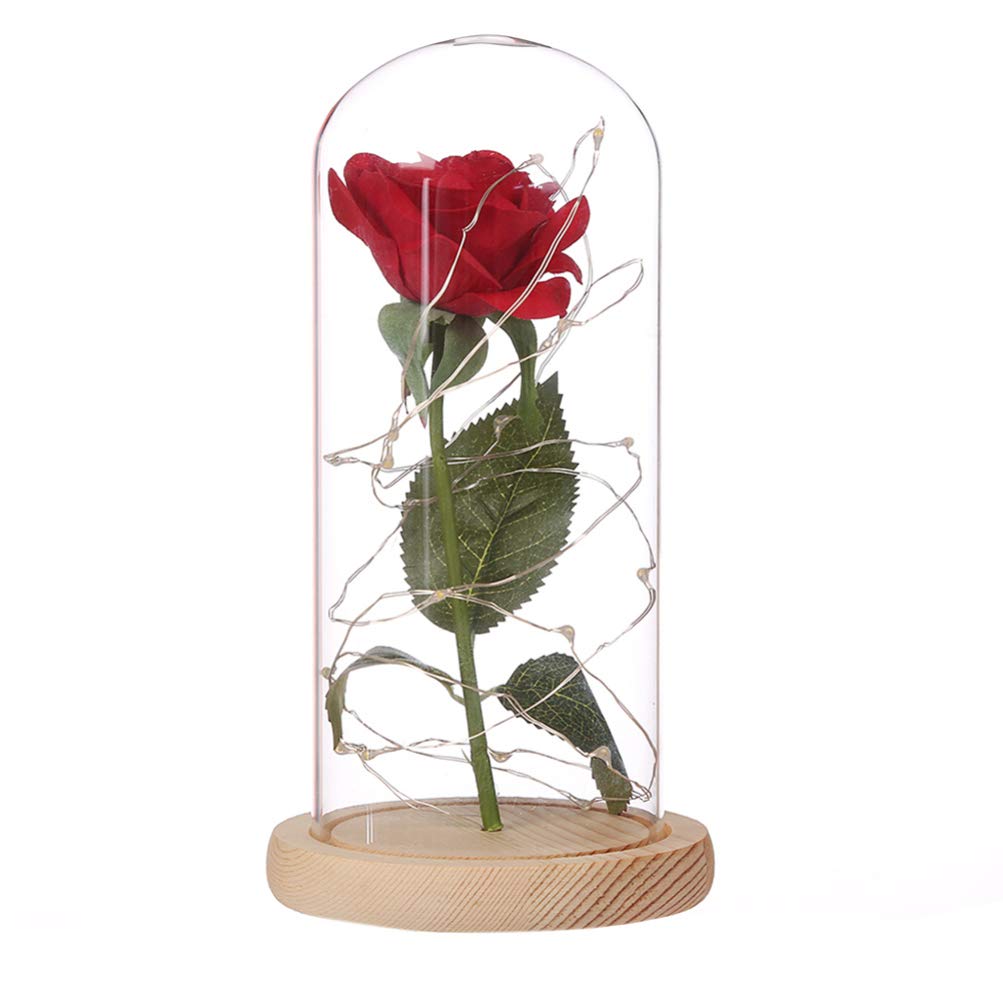 Red Silk Rose with LED String Light in Glass Dome on Wooden Base - Romantic Valentine's Day Gift for Her, Anniversary, Wedding Decor, Home Decoration (Beige Base)