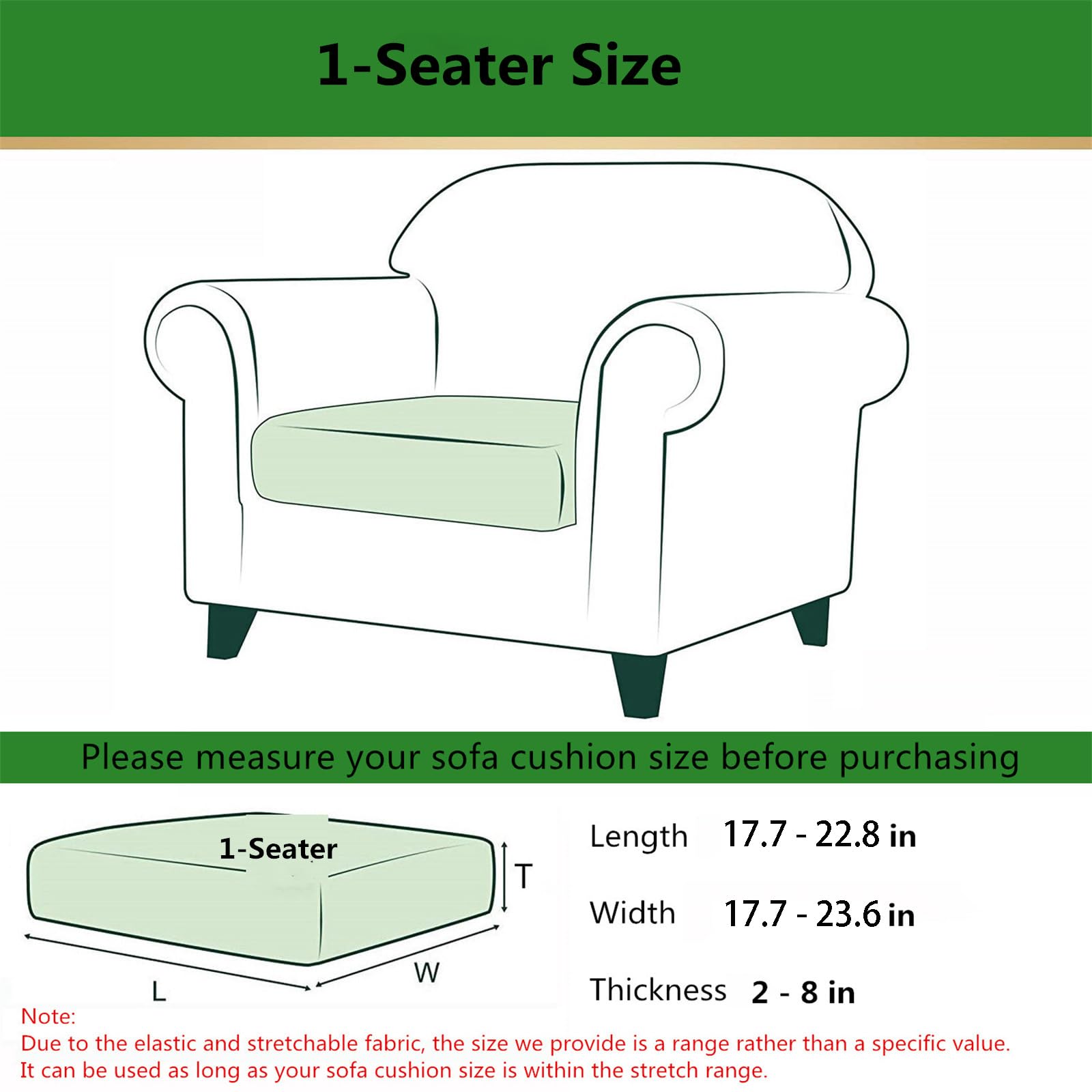 Stretch Waterproof Sofa Cushion Cover - High Elastic Fabric Slipcover for 1-Seater Couches (Light Green) | Water-Repellent & Durable | Perfect for Living Room, Office or Outdoor Furniture Protection
