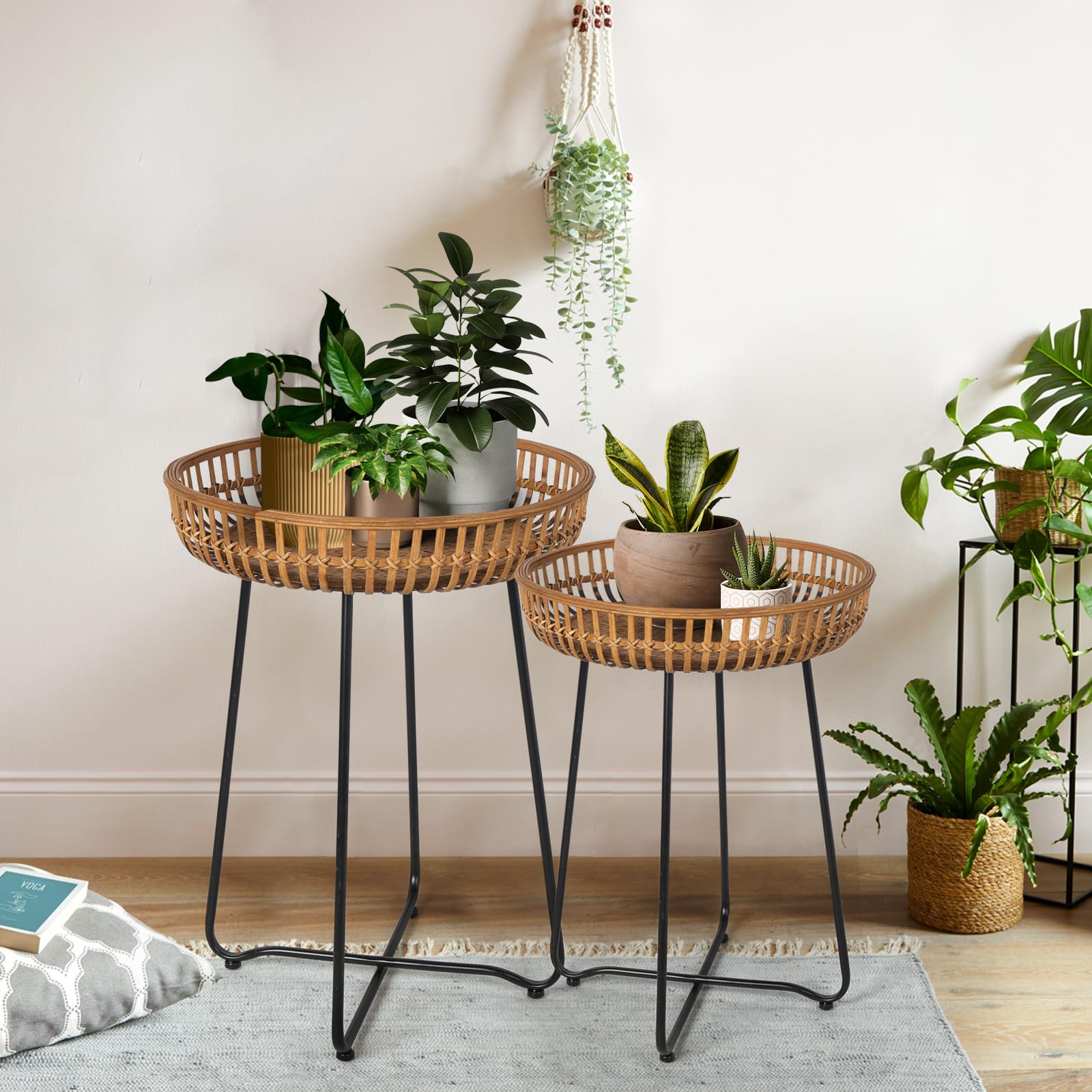 Oakrain Rattan Side Table Set of 2 - Bamboo Coffee Tables with Metal Base, 18.11