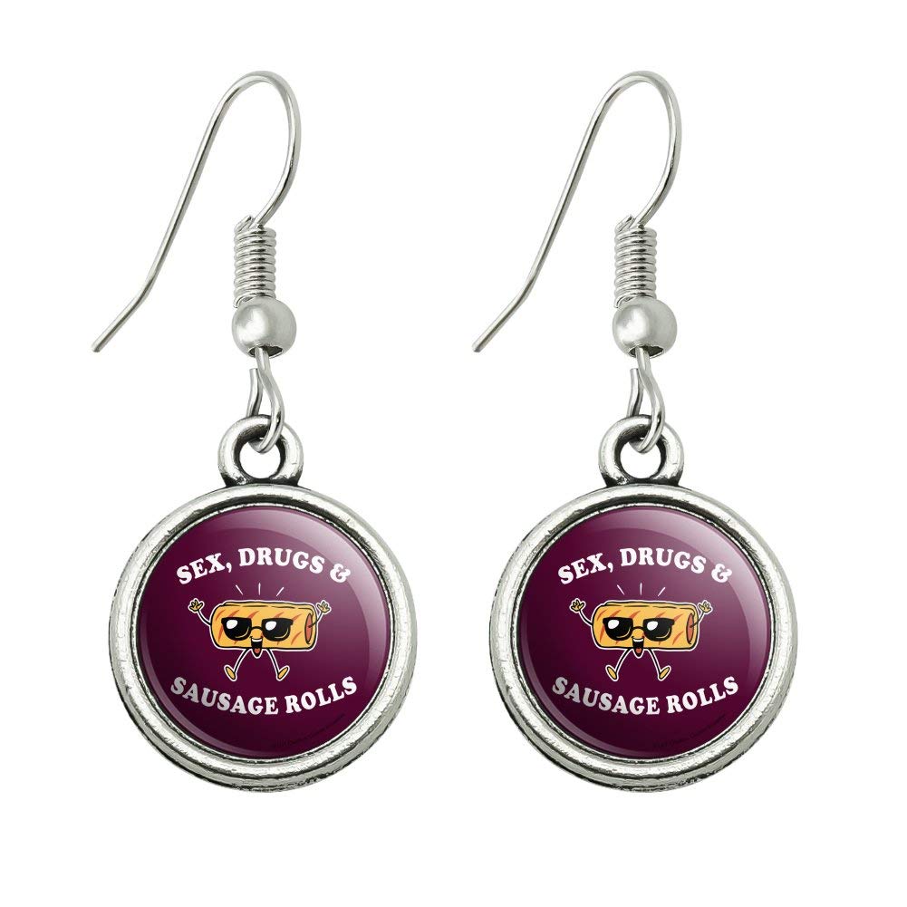 Funny Novelty Drop Charm Earrings - Sex Drugs and Sausage Rolls Humor Design | Perfect for Parties, Gifts & Everyday Wear