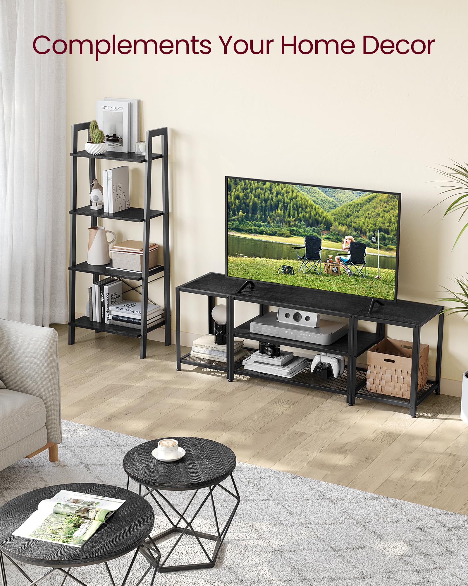 VASAGLE 65 Inch Modern TV Stand, 3-Tier Industrial Entertainment Center with Open Storage Shelves - Wood Grain Black TV Console Table for Living Room & Bedroom - Perfect for Home Theater Setup & Media Storage Organization