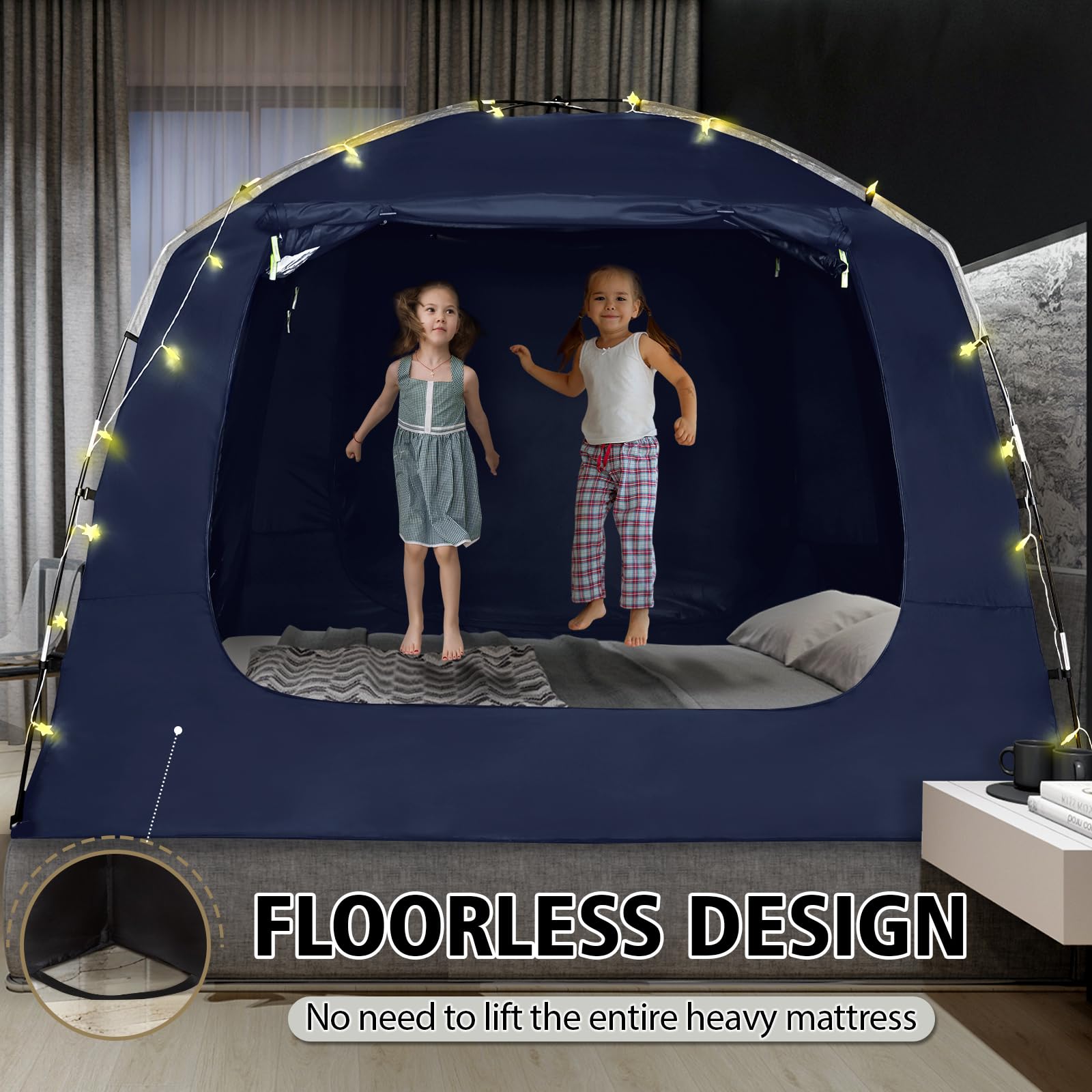**Breathable Bed Tent Canopy for Adults & Kids - Light Reducing Sleeping Tent with String Lights, 4 Doors - Portable Indoor Use for Twin, Full, Queen, King Size Beds | Perfect for Camping, Bedroom Privacy & Cozy Sleep**