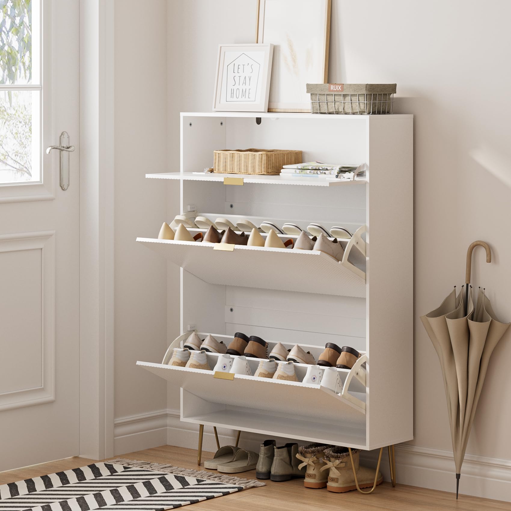 Vertical White Shoe Storage Cabinet with 2 Flip Drawers & 3-Tier Organizer - Freestanding Entryway Shoe Rack for Small Spaces | Perfect for Apartments, Hallways, and Closets