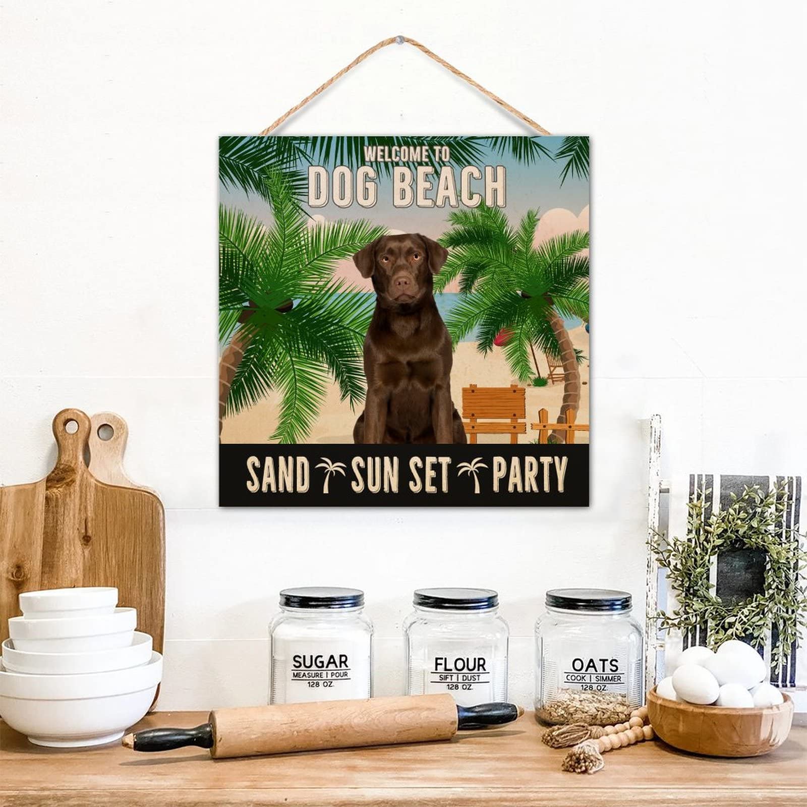 Coastal Welcome Sign for Front Door - Tropical Surfboard & Coconut Palm Wood Plaque - Summer Beach Decor for Dog Lovers - 12x12in New Homeowner Gift - Perfect for Porch, Patio, or Beach House Entryway
