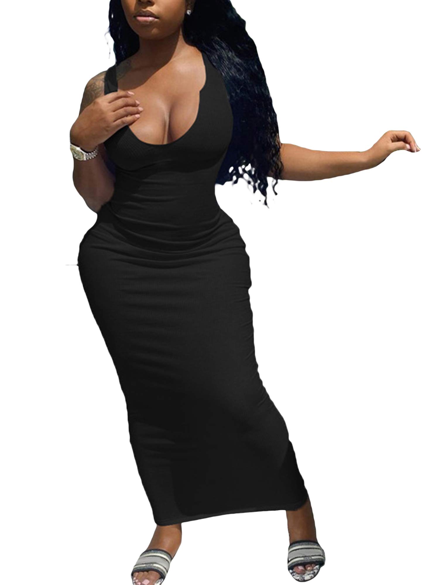 Sexy Bodycon Tank Dress for Women - Ribbed Sleeveless Maxi Long Dress with Deep V Neck, Solid Color Midi Club Party Dress | Perfect for Night Out, Date Night, and Special Occasions