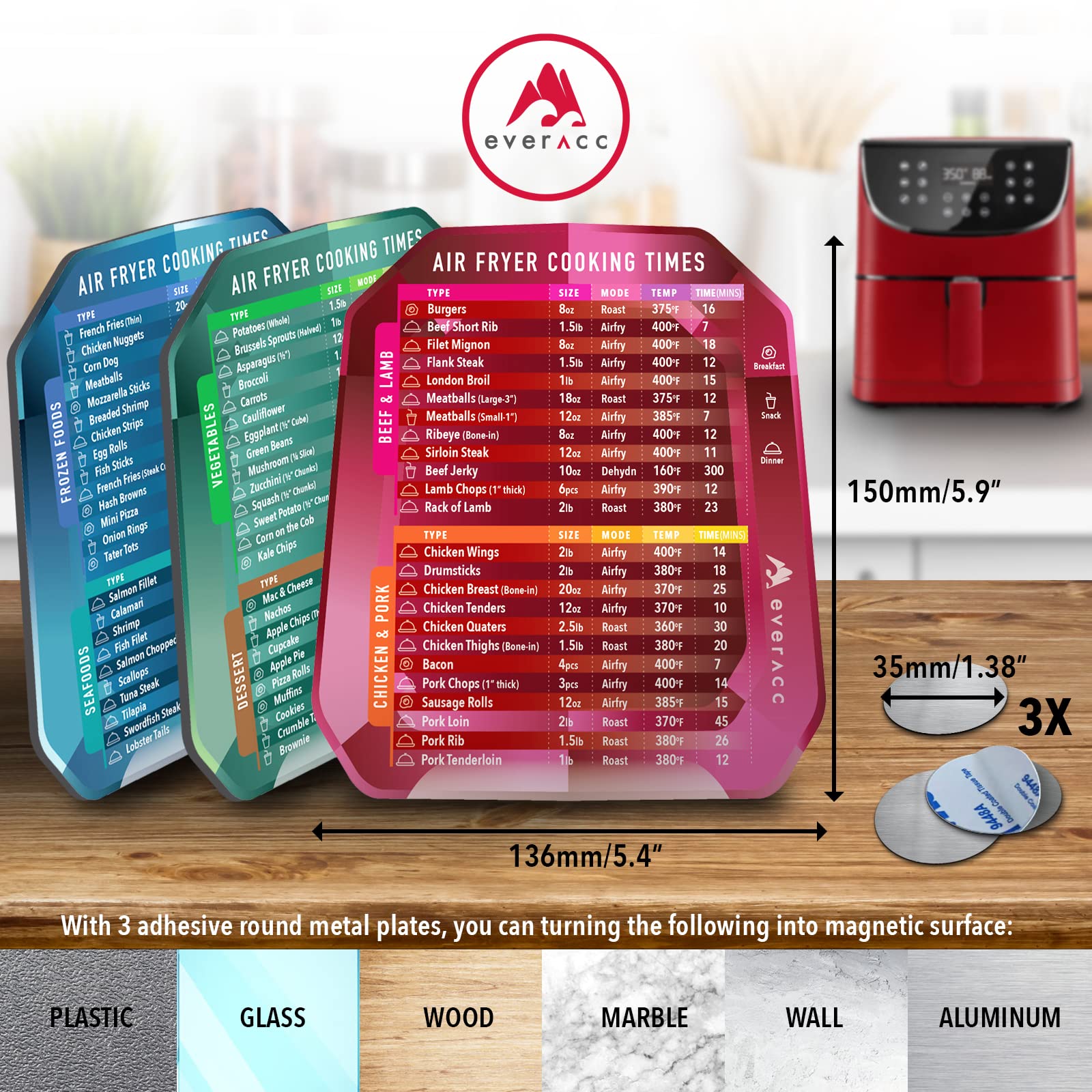 **Air Fryer Magnetic Cheat Sheet Set – Instant Cooking Times Chart & Quick Reference Guide for Air Fryer Accessories – Perfect for Kitchen, Frying, and Meal Prep (Red)**