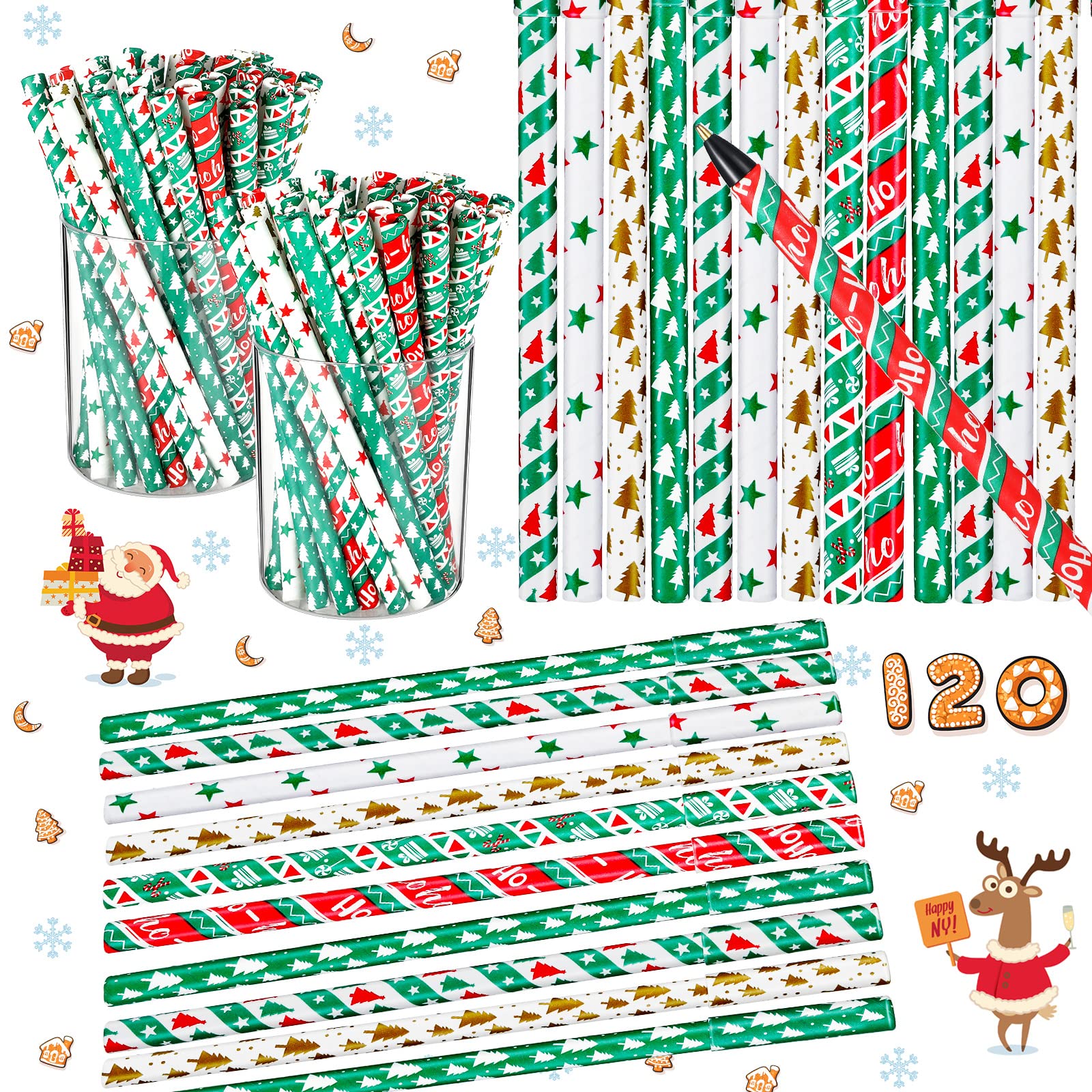 120-Pack Christmas Bulk Pens for Kids - 6 Festive Styles (Tree, Snowflake) Blue Ballpoint Pens for Journaling, Office, School Supplies - Perfect for Christmas Parties & Holiday Gifts