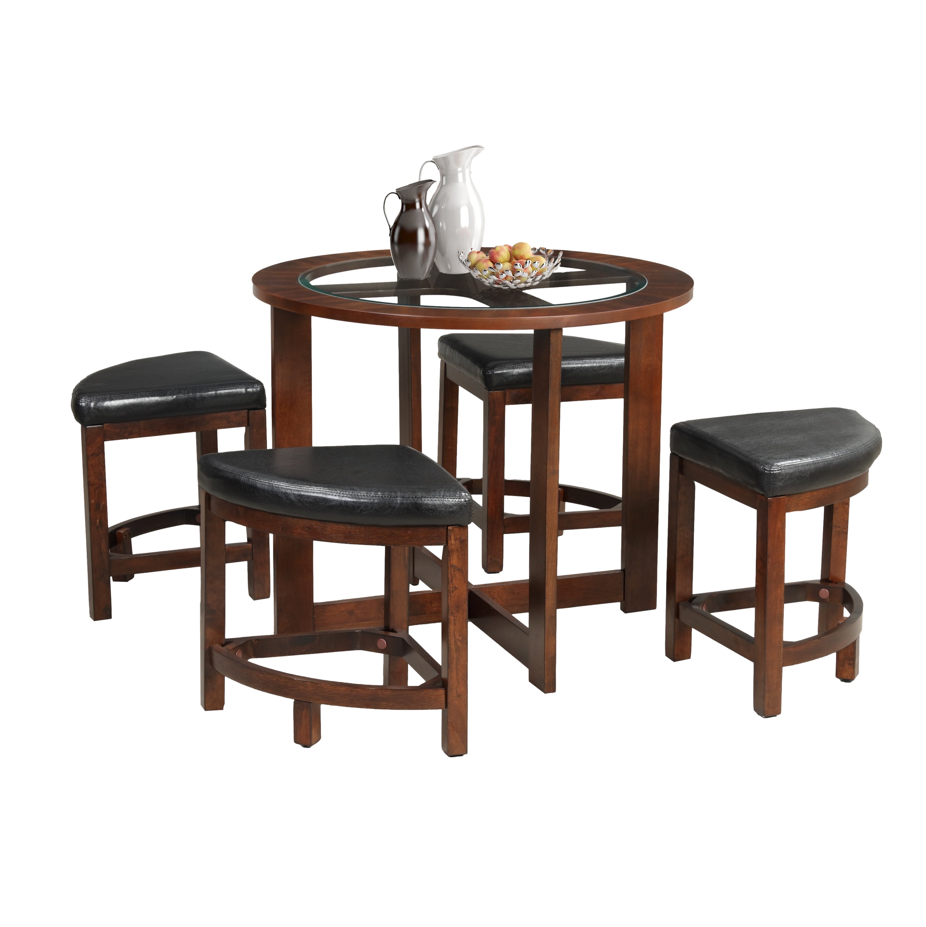 Roundhill Furniture Cylina Solid Wood Round Dining Table with Tempered Glass Top & 4 Chairs - Perfect for Kitchen, Dining Room, and Small Space Gatherings