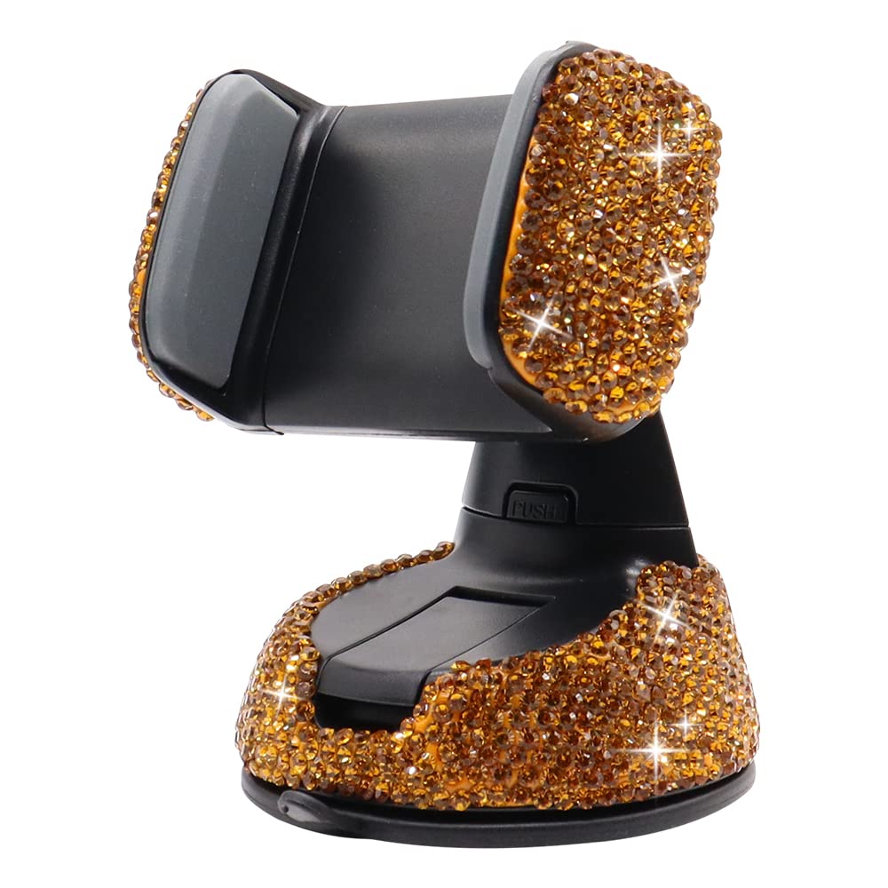 360° Adjustable Bling Crystal Rhinestone Car Phone Holder - Universal Auto Phone Mount for Windshield, Dashboard & Air Vent - Gold Car Accessories for Women & Girls - Perfect for Commuting, Road Trips & Daily Driving