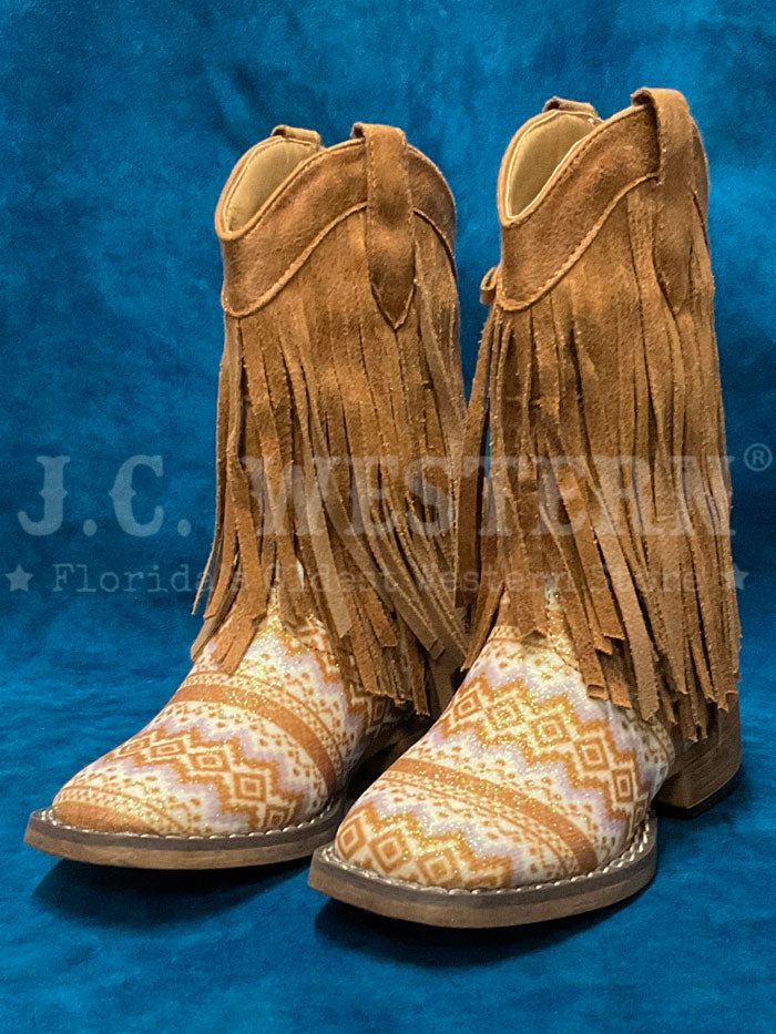 Roper 09 018 1903 3503 Kids Western Boots with Glitter & Fringe Aztec Design in Tan - Perfect for Cowboy/Cowgirl Costumes, Rodeo Events & Country Dance Parties