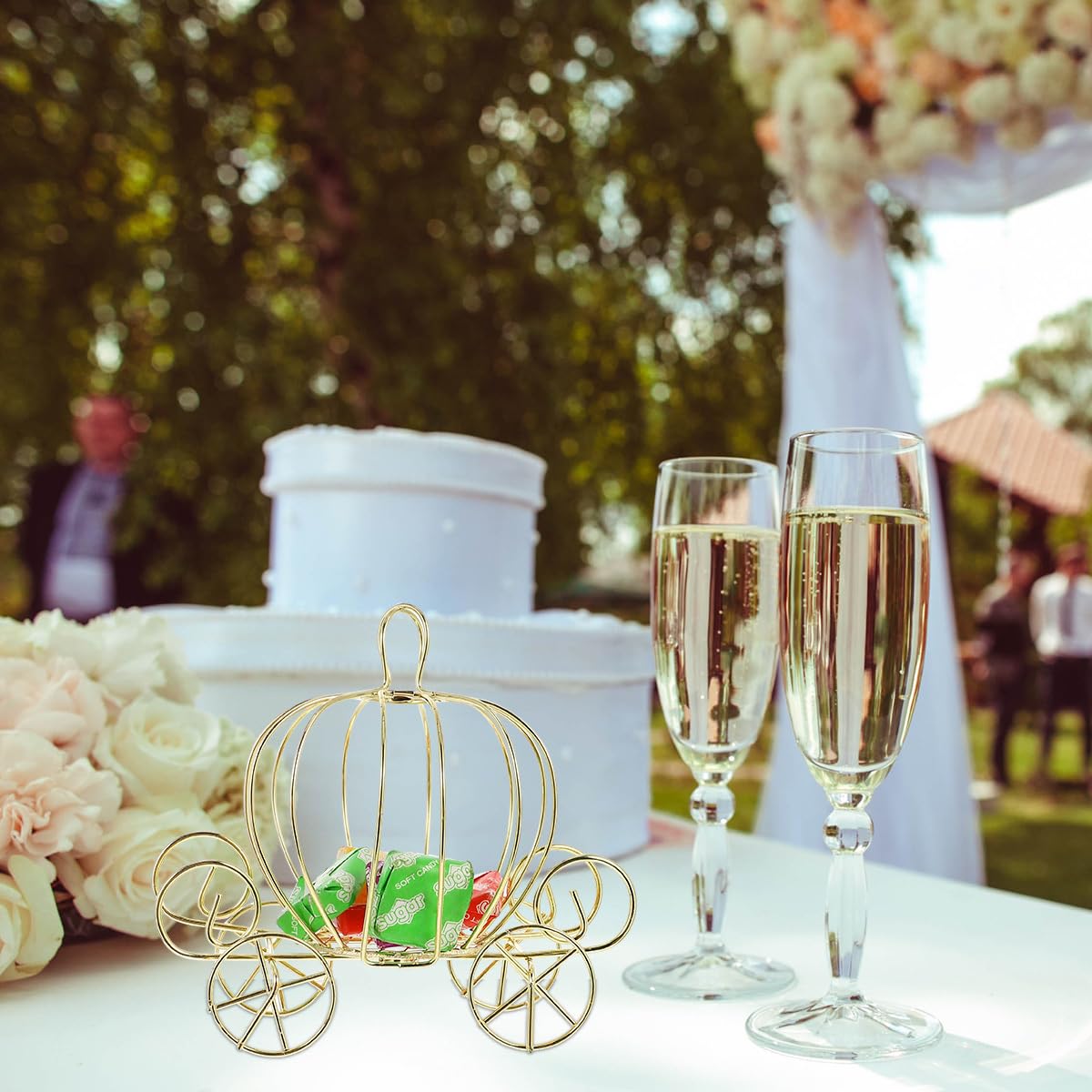 Golden Metal Pumpkin Carriage Candy Box - Elegant Princess Wedding Centerpiece for Candy Display, Party Decor & Gift Giving