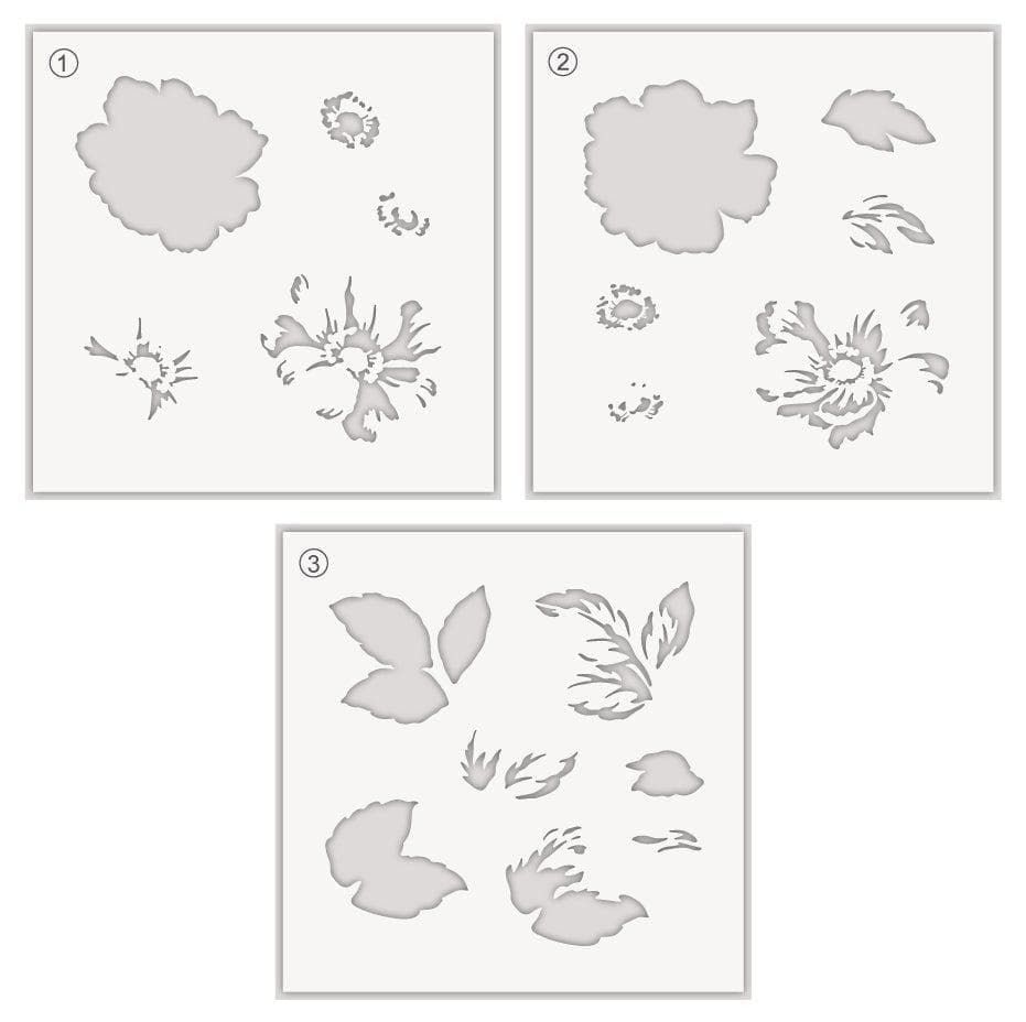 Greenwood Flowers Stencil Set (3 in 1) - Floral Painting Templates for DIY Crafts, Scrapbooking & Home Decor