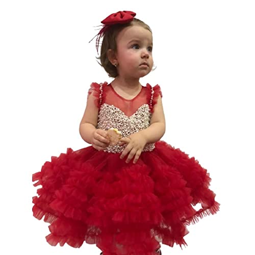 **Elegant Red Baby Tutu Dress with Pearls & Diamonds - Fluffy Princess Dress for Toddlers (3-5 Years UK Kids) - Perfect for 1st Birthday, Photo Shoots & Special Occasions**