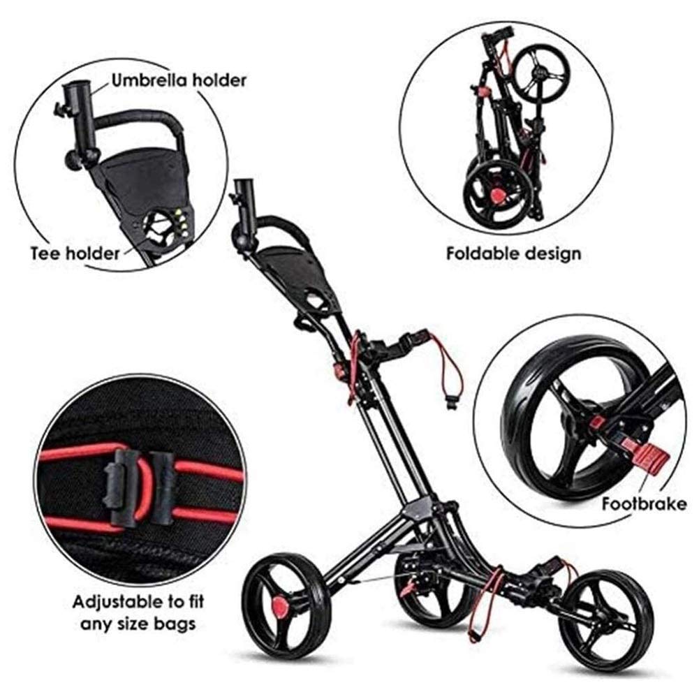 Foldable 3-Wheel Golf Push Cart with Umbrella Stand, Scorecard Holder & Drink Holder - Lightweight Aluminum Golf Trolley for Men & Women | Perfect for Golf Courses, Driving Range & Outdoor Sports