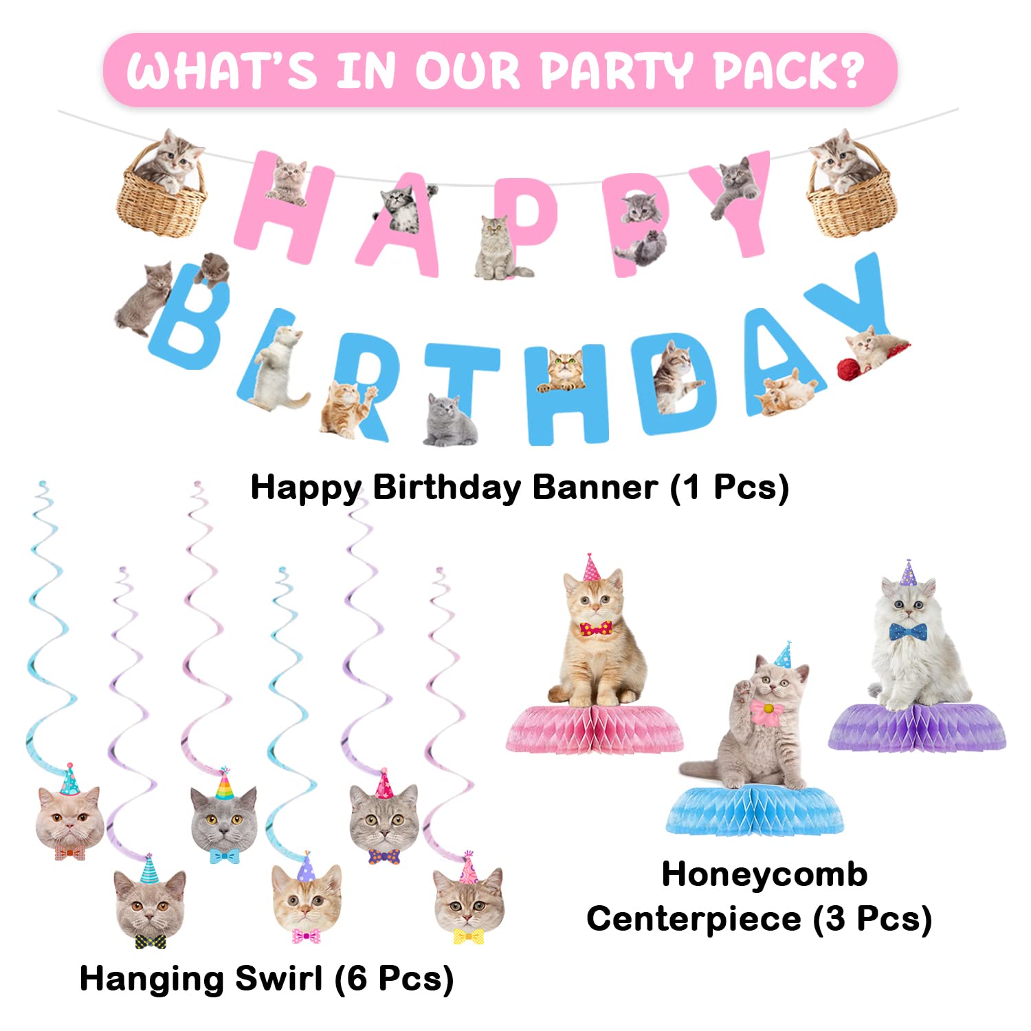 16 Pcs Cat Birthday Party Supplies Kit - Includes Happy Birthday Banner, Hanging Cutouts, Swirl Decorations & Honeycomb Centerpieces for Kitten Themed Parties | Perfect for Cat Lovers' Birthday Celebrations, Baby Showers & Pet Adoption Events
