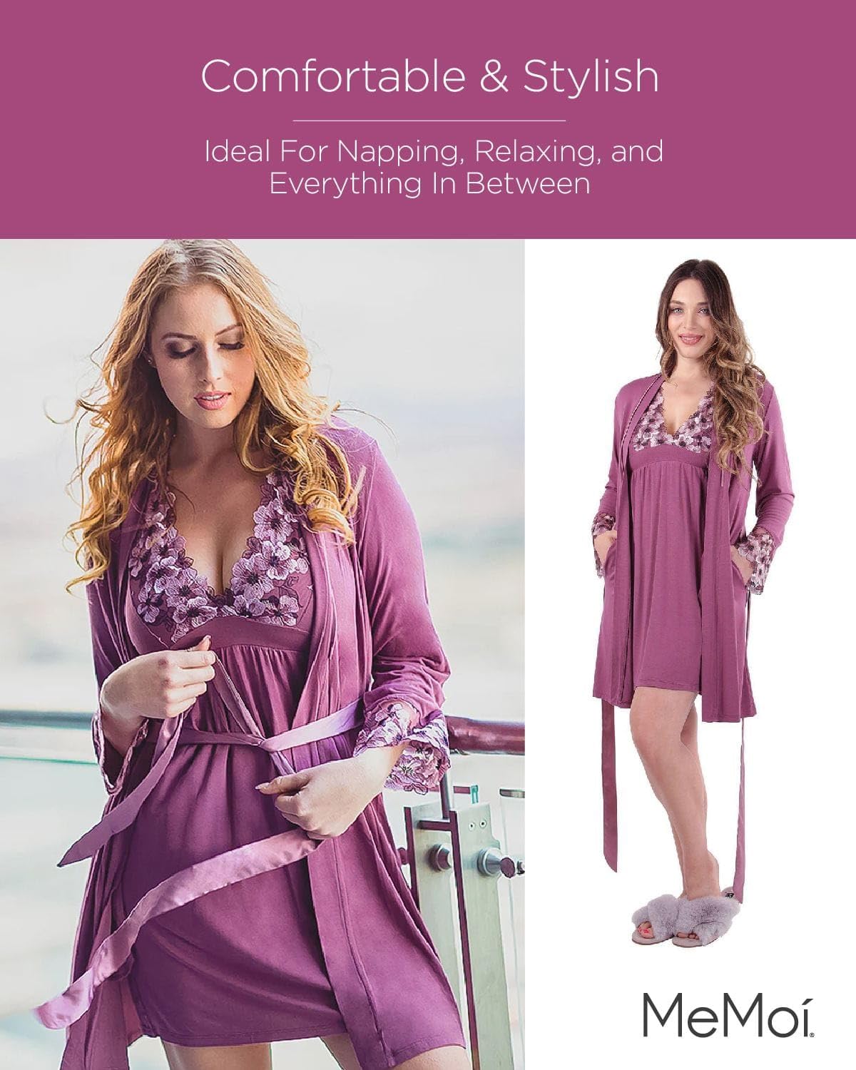 MeMoi Women's Floral Embroidered Robe - Elegant Lace Trim Kimono Style Bathrobe for Spa, Bridal Shower & Boudoir Photography